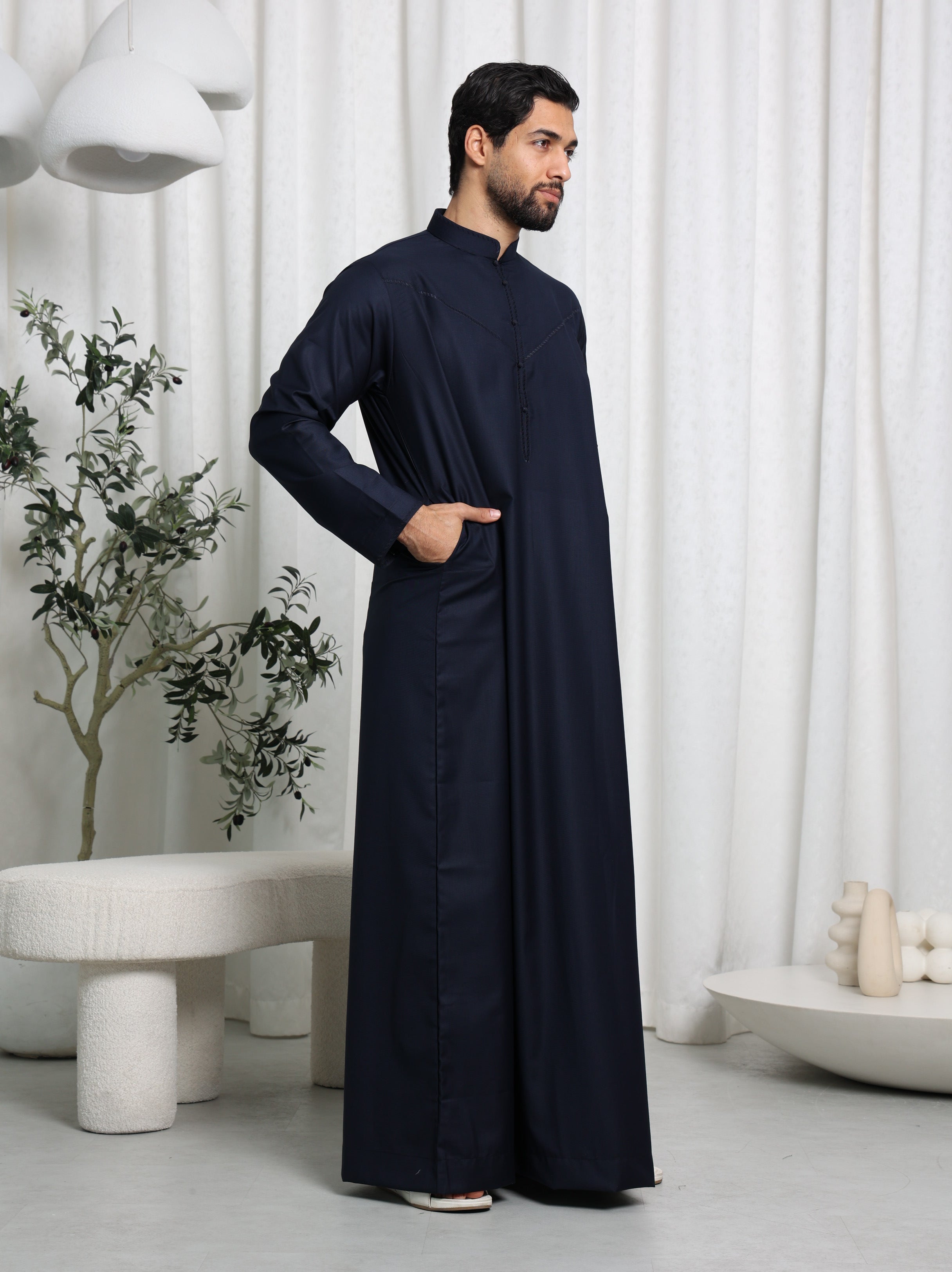 Premium Navy Bahraini Embroidered Thobe