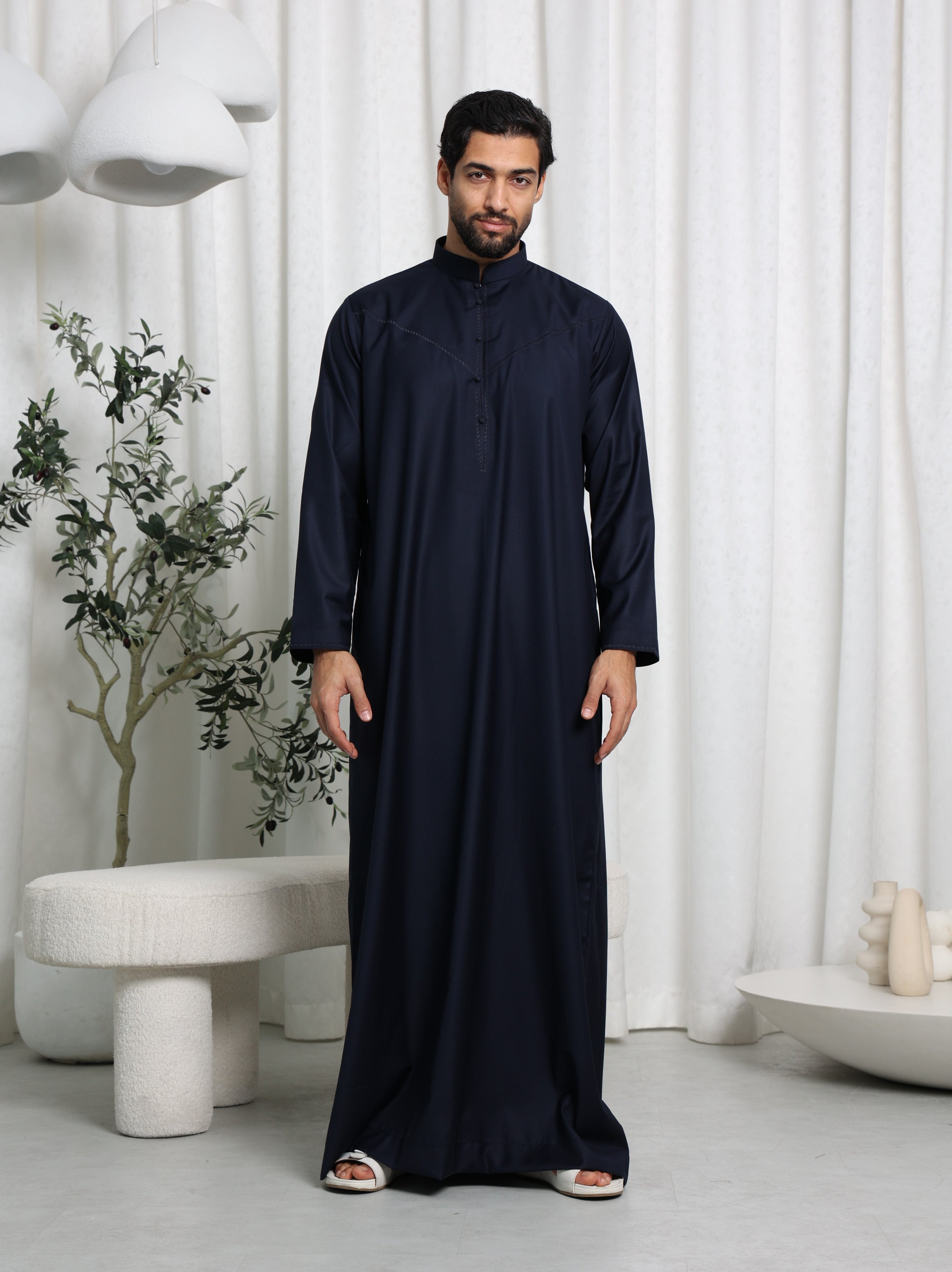 Premium Navy Bahraini Embroidered Thobe