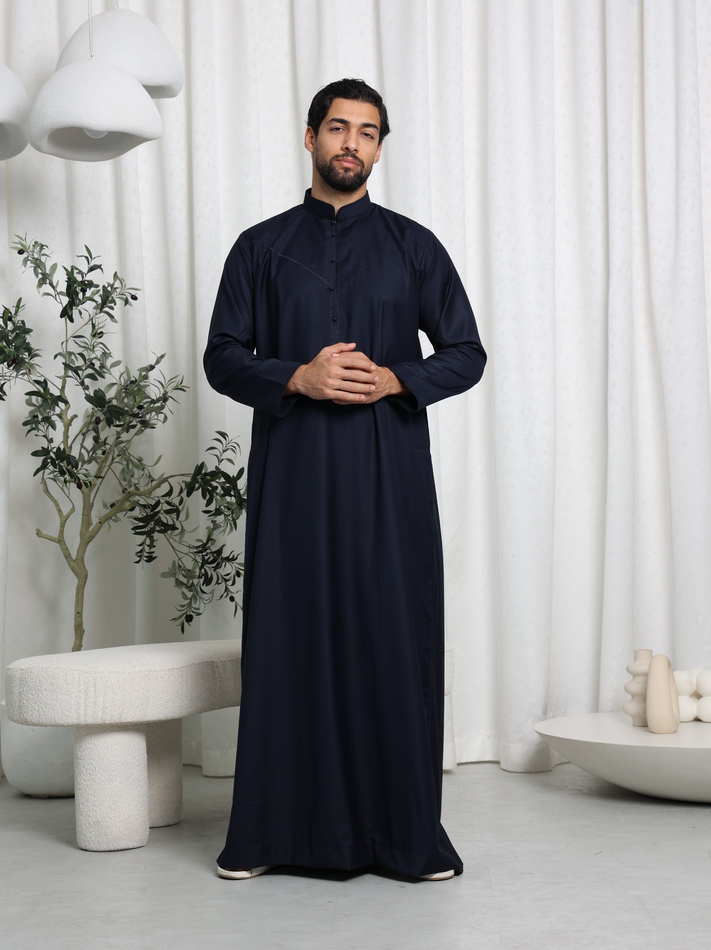 Premium Navy Bahraini Embroidered Thobe