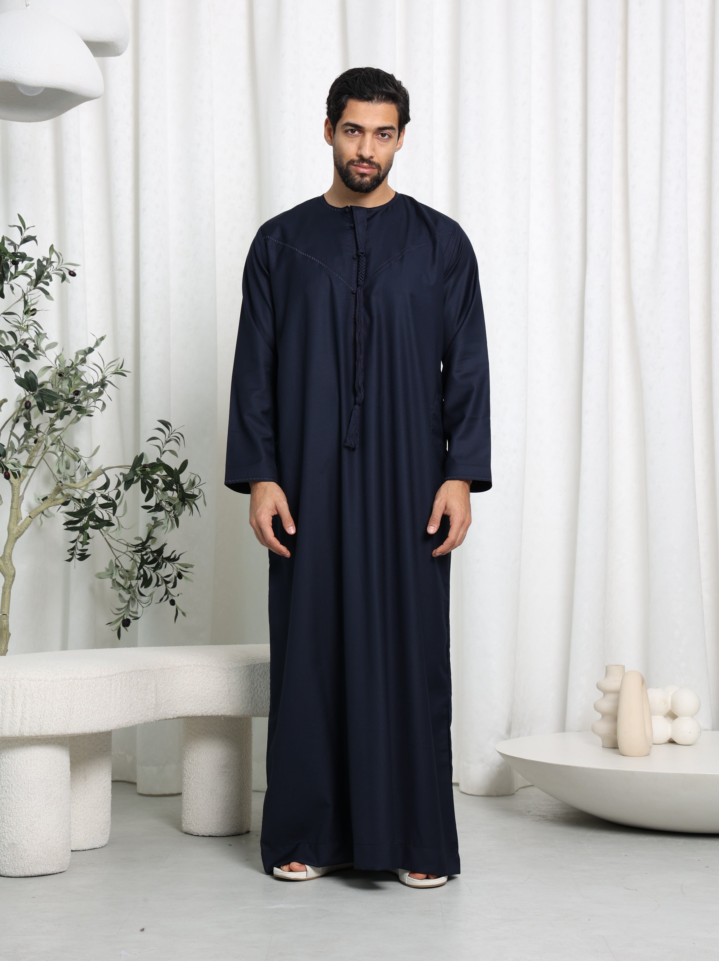 Premium Navy Emirati Embroidered Thobe