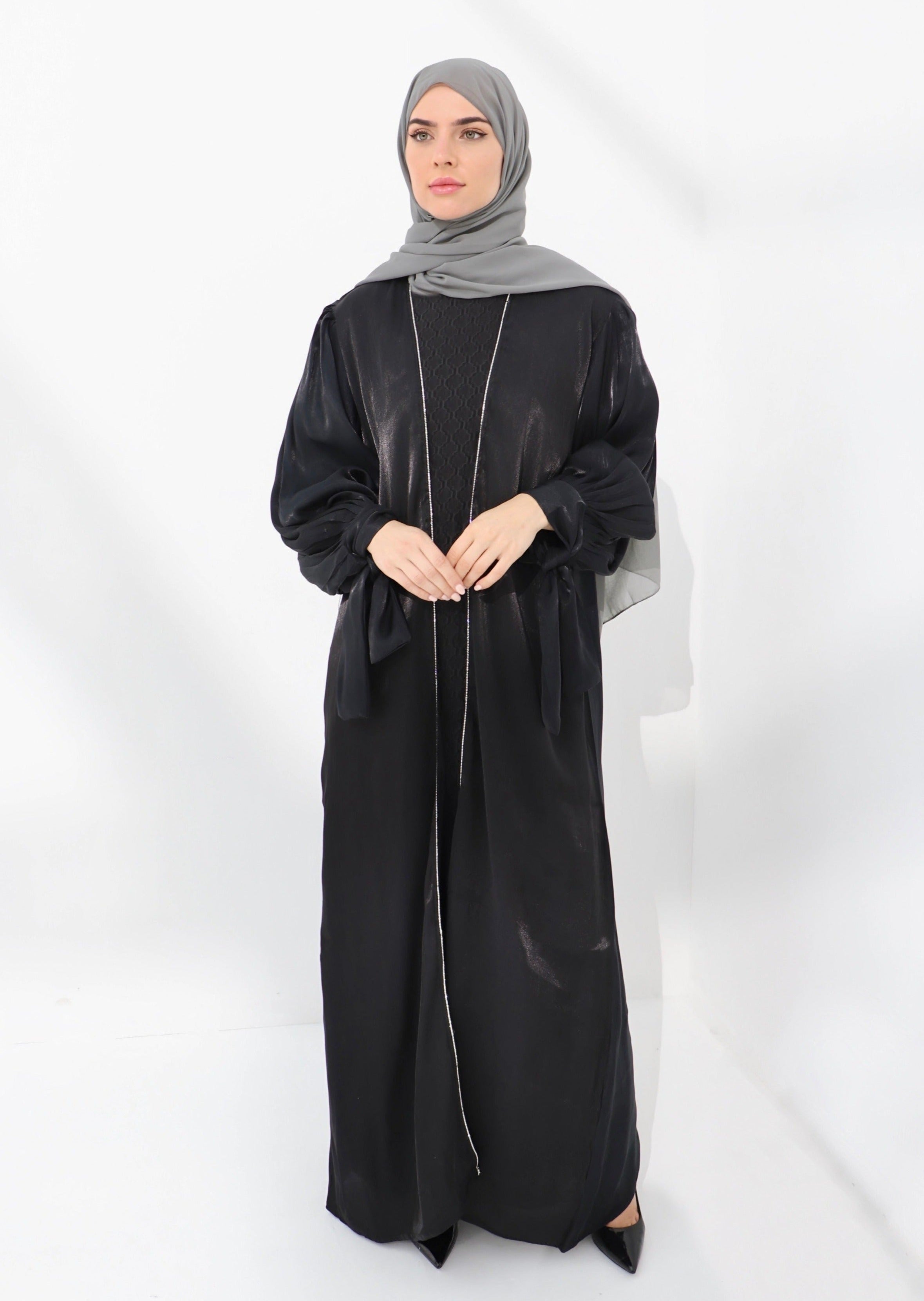 Black Embellished Tie Cuff Organza Abaya