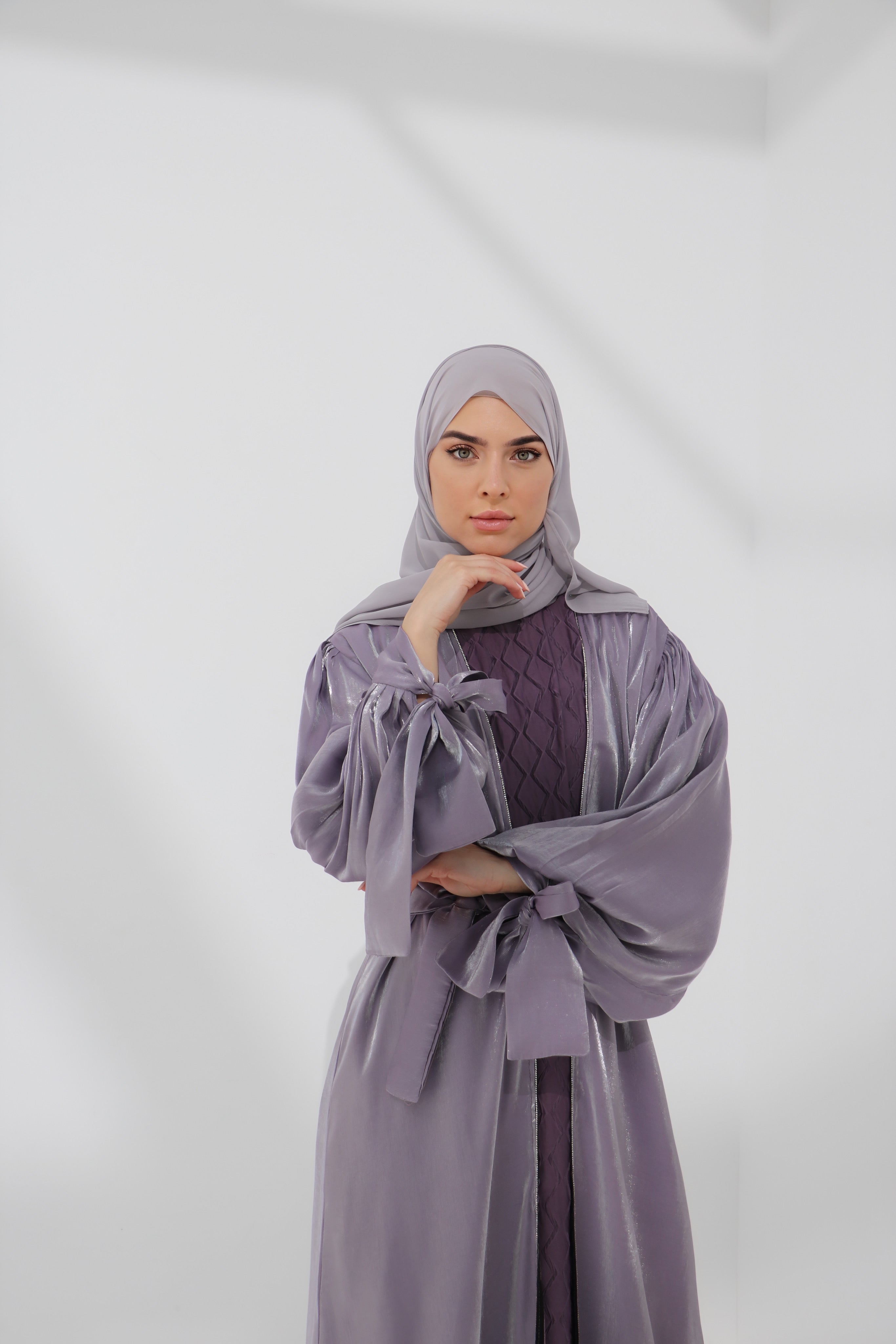 Lilac Embellished Tie Cuff Organza Abaya