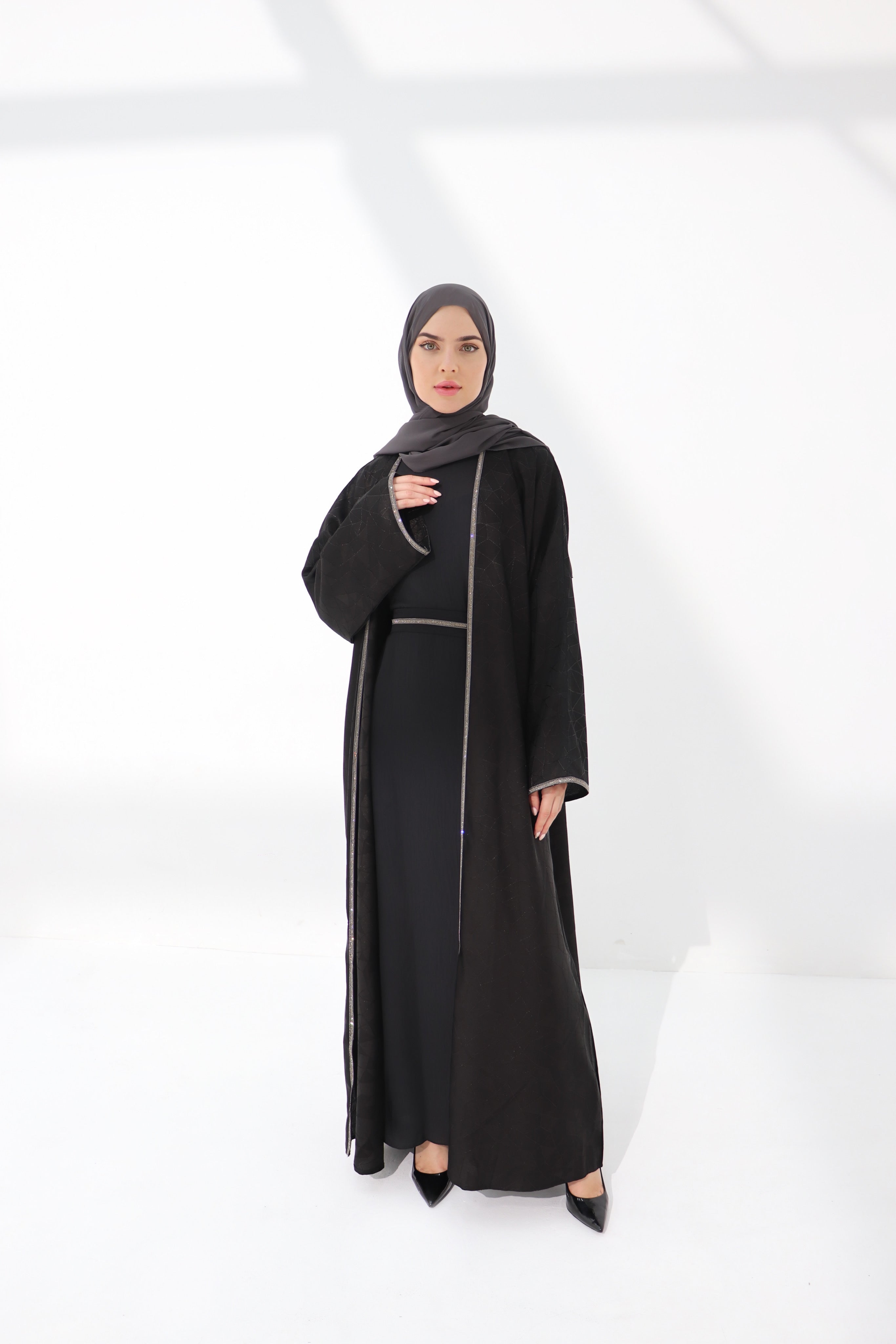 Black Jacquard Geometry Open Abaya