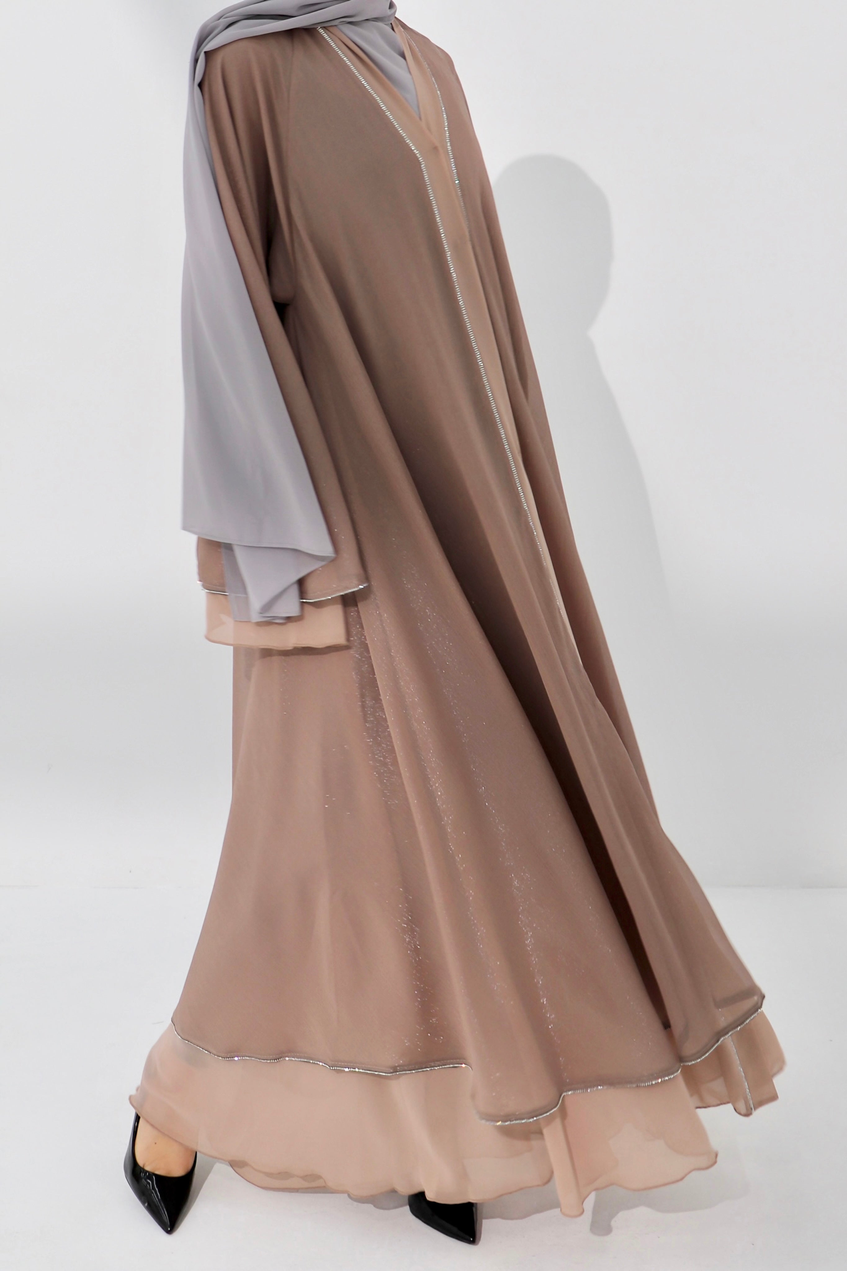 Mink Shimmer Chiffon Embellished Layered Open Abaya