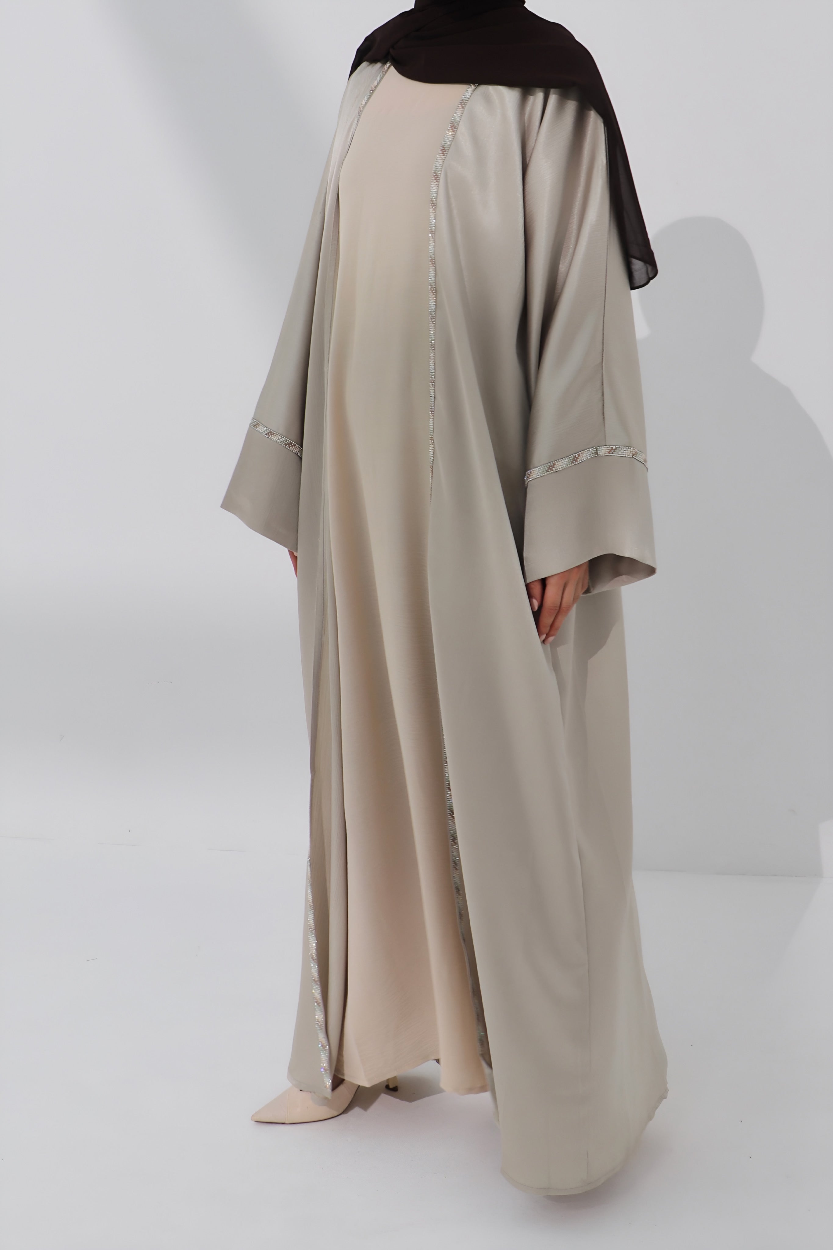 Beige Embellished Open Abaya