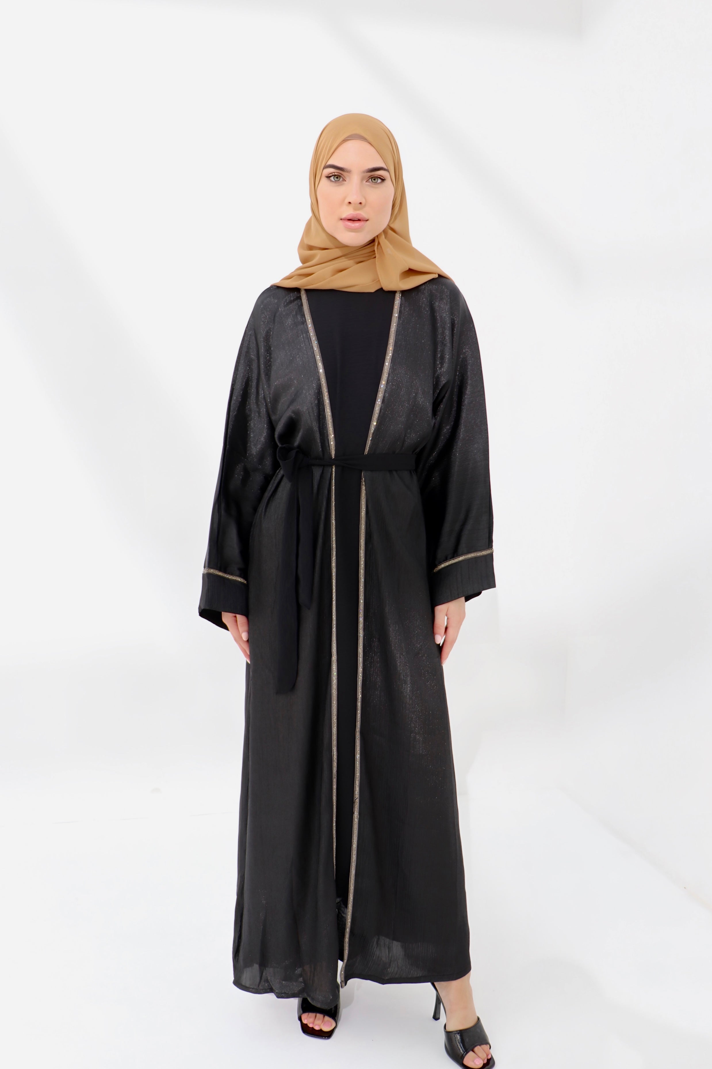 Black Shimmer Embellished Open Abaya