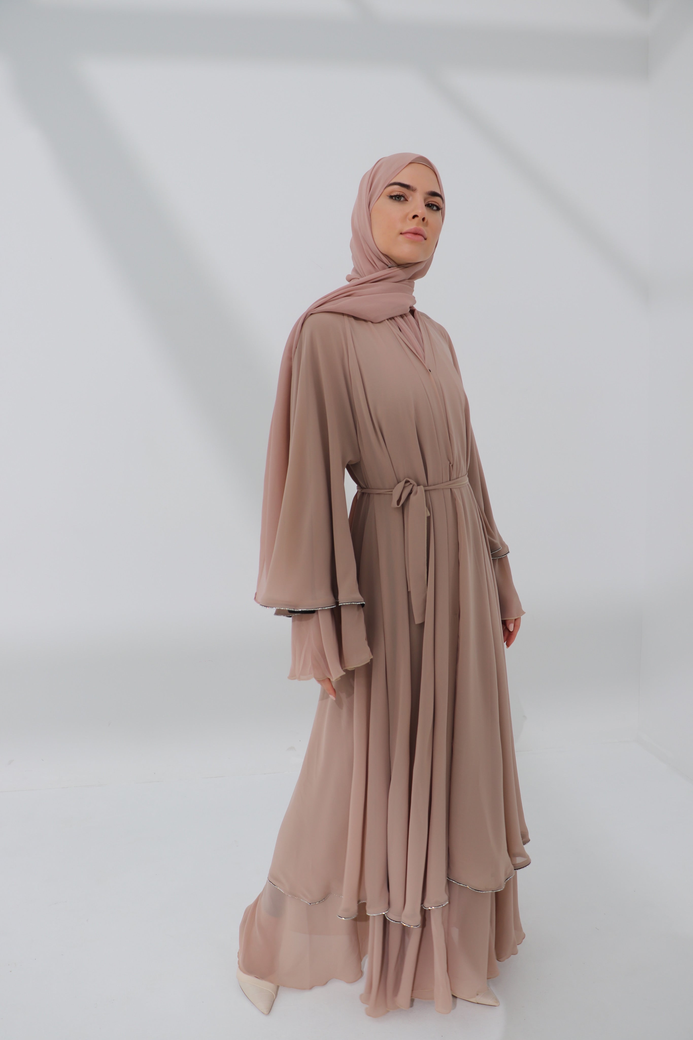 Mink Chiffon Embellished Layered Open Abaya