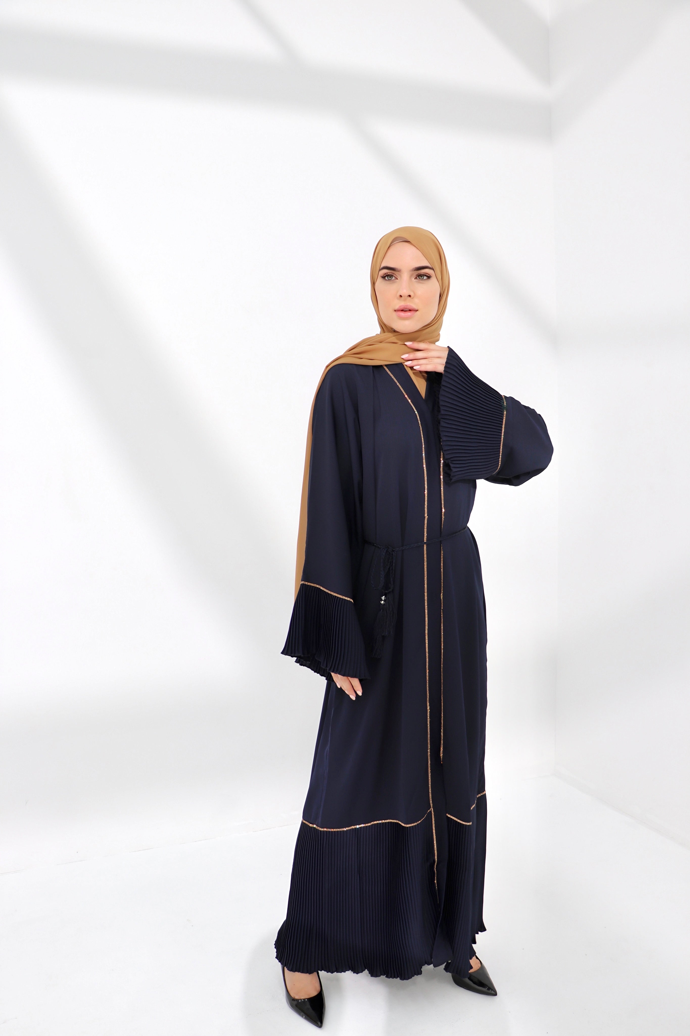 Navy Pleated Embellished Abaya