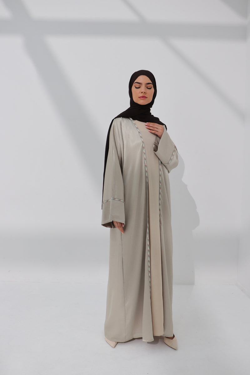 Beige Embellished Open Abaya