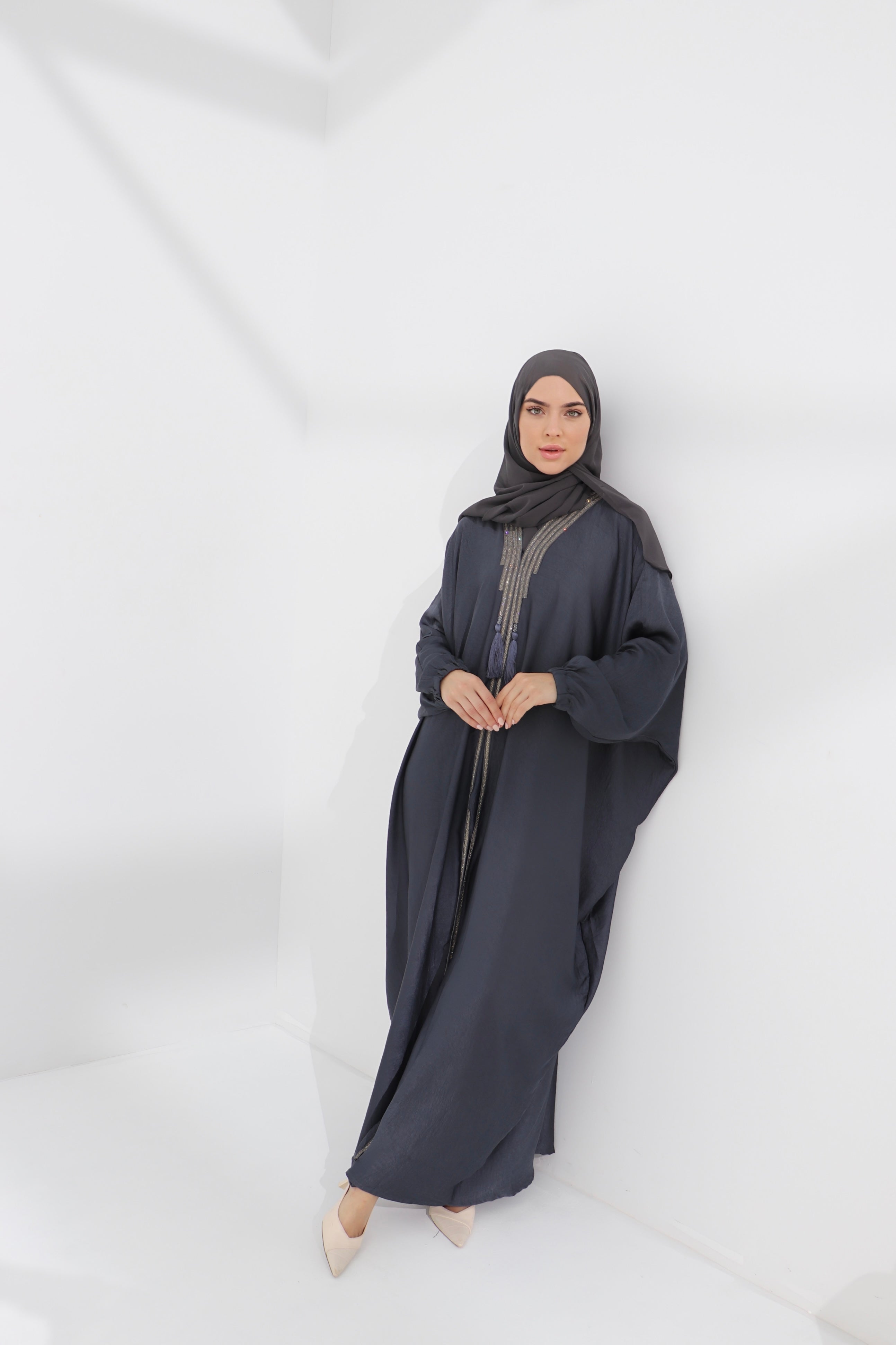 Grey Embellished Luxury Farasha Abaya