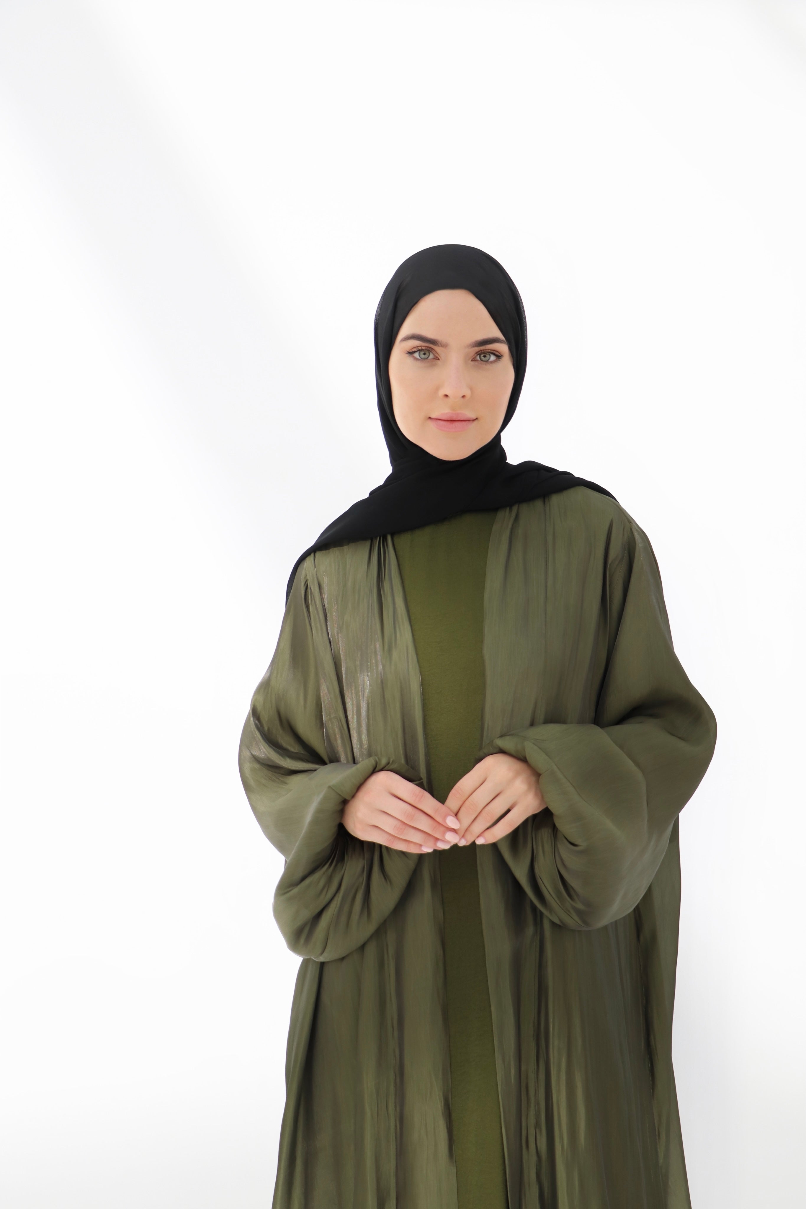 Green Balloon Sleeve Satin Abaya