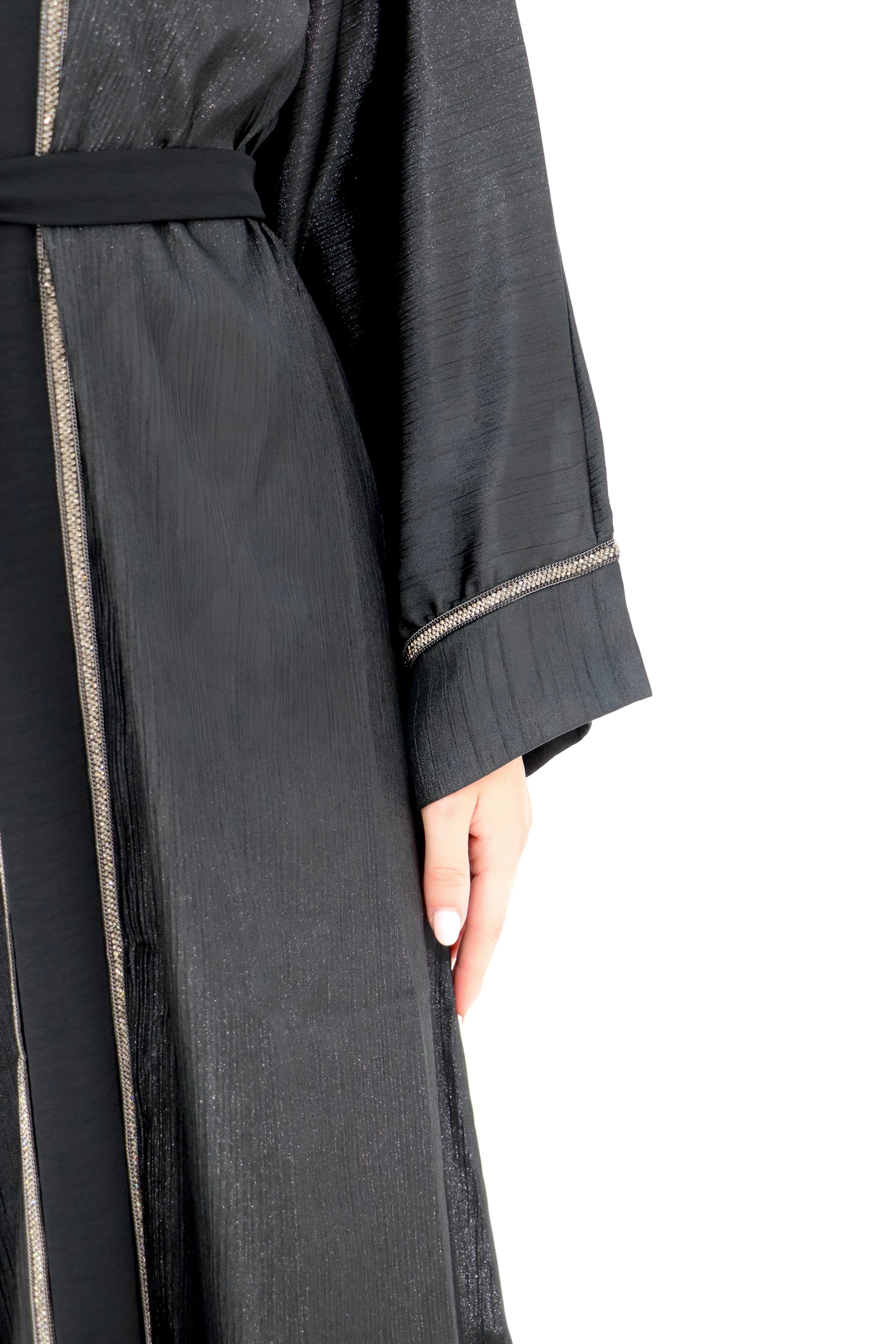 Black Shimmer Embellished Open Abaya