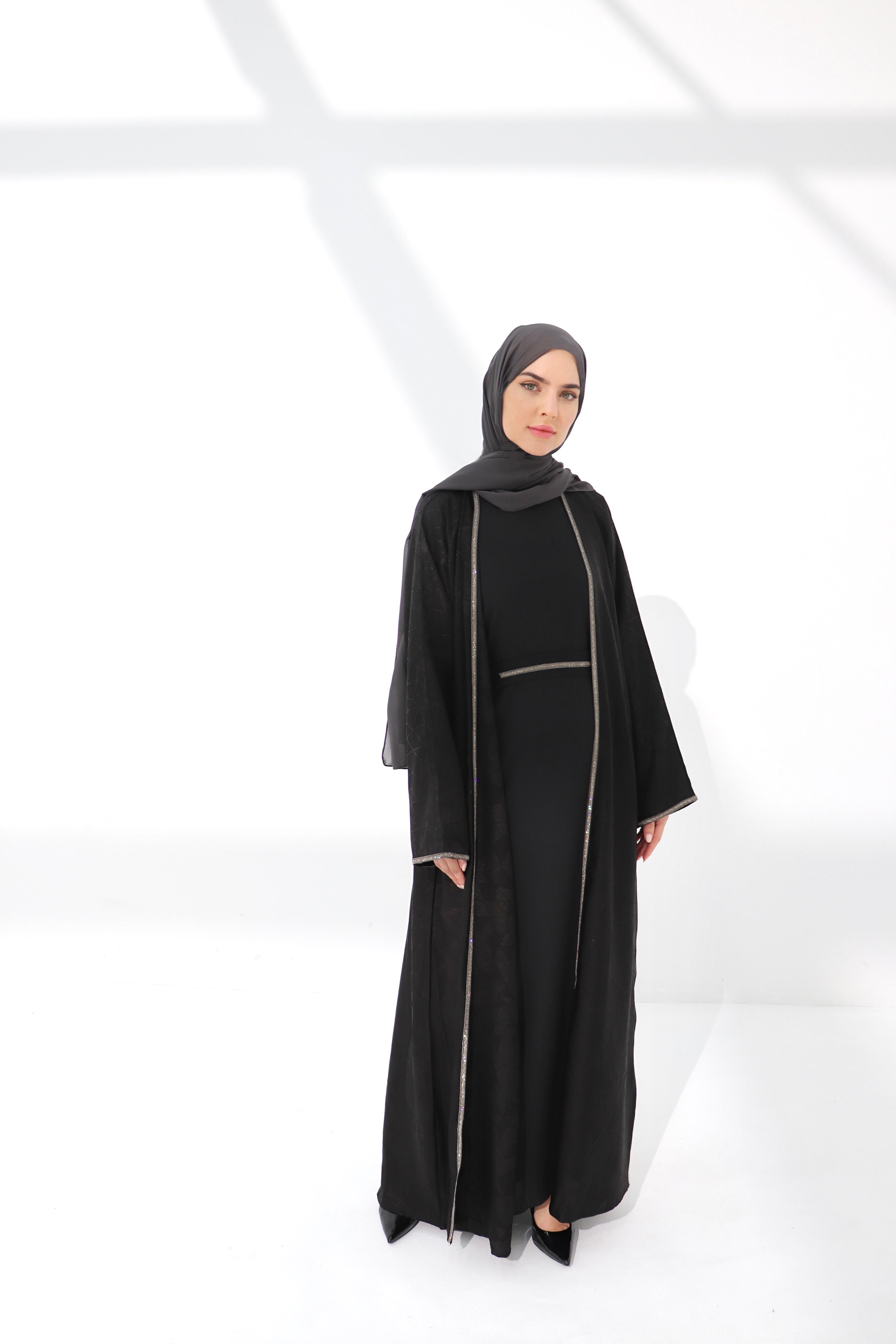 Black Jacquard Geometry Open Abaya