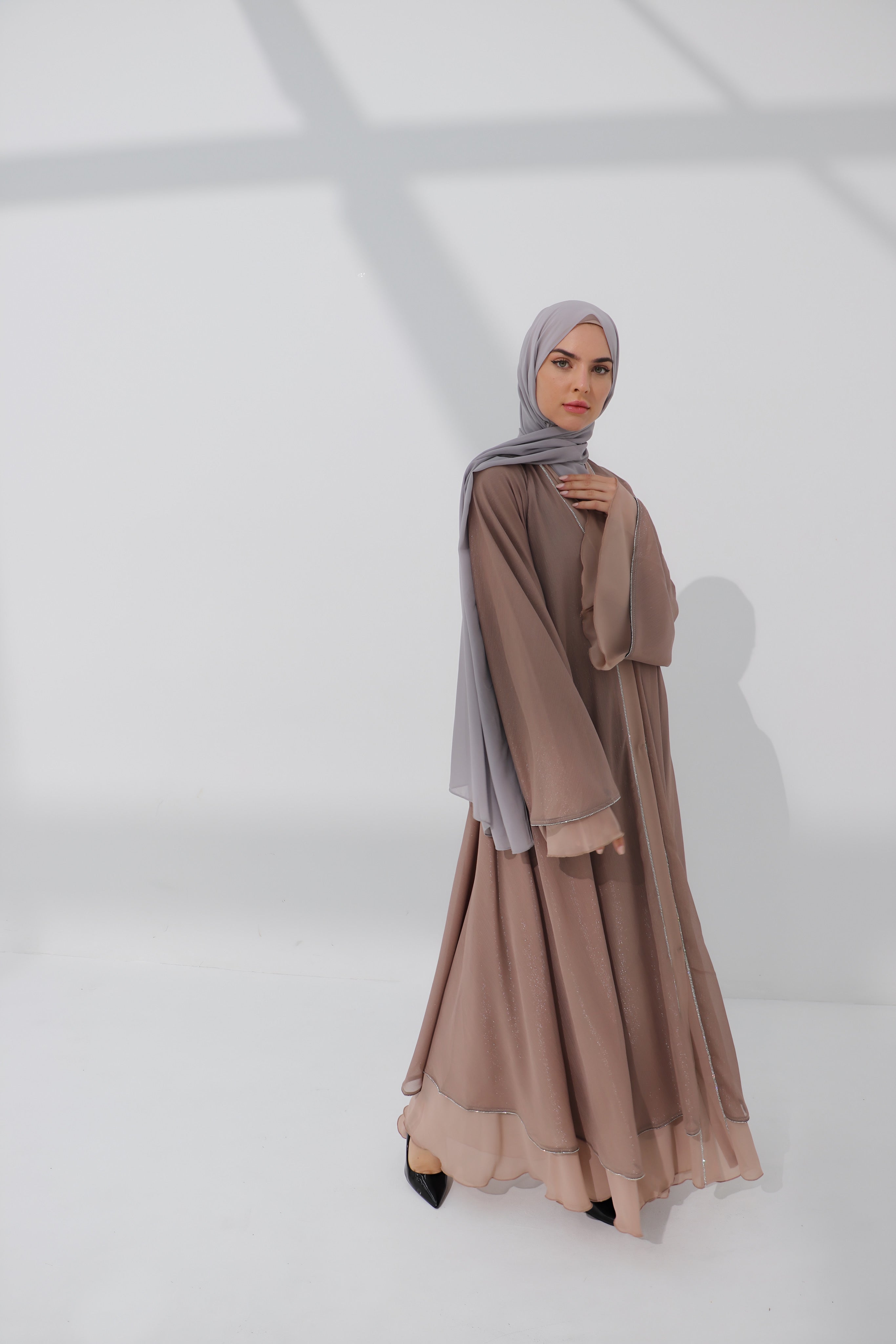 Mink Shimmer Chiffon Embellished Layered Open Abaya