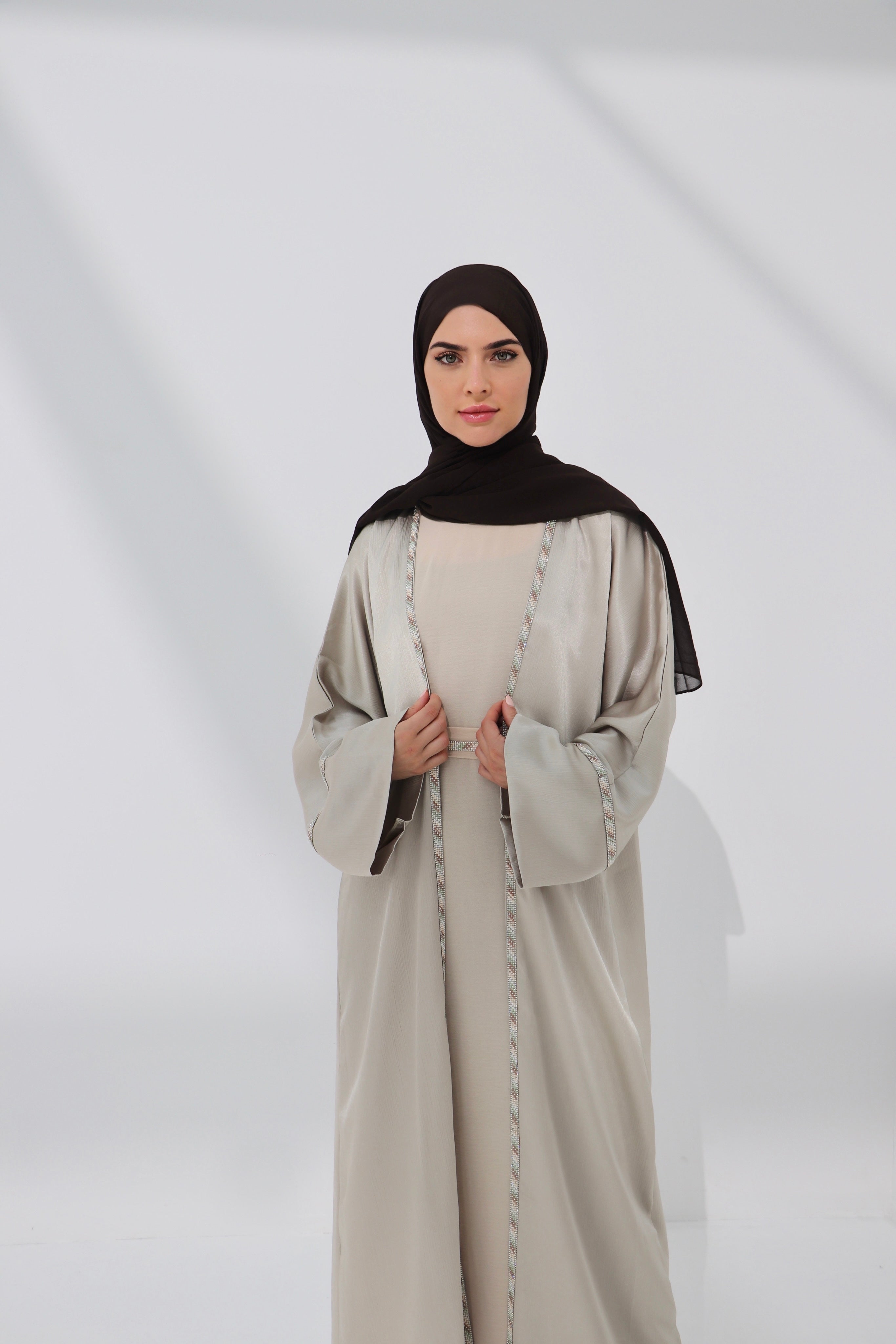 Beige Embellished Open Abaya