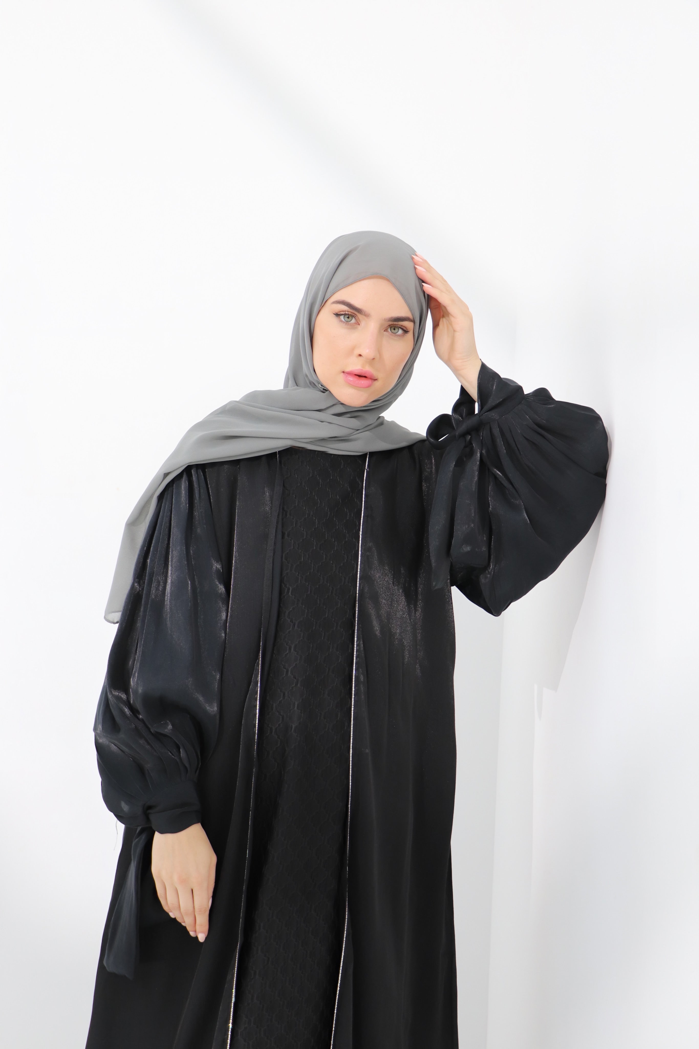 Black Embellished Tie Cuff Organza Abaya