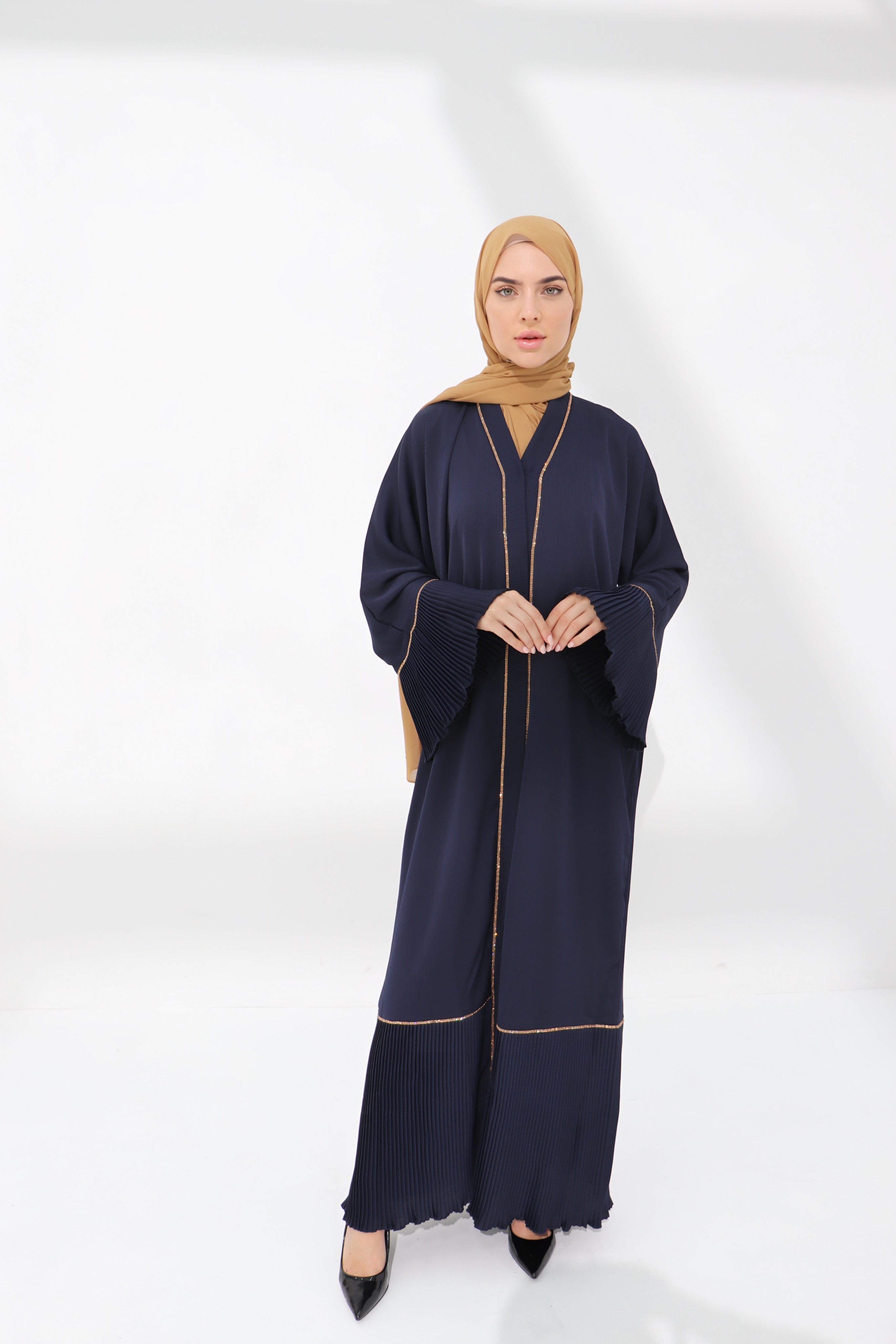 Navy Pleated Embellished Abaya