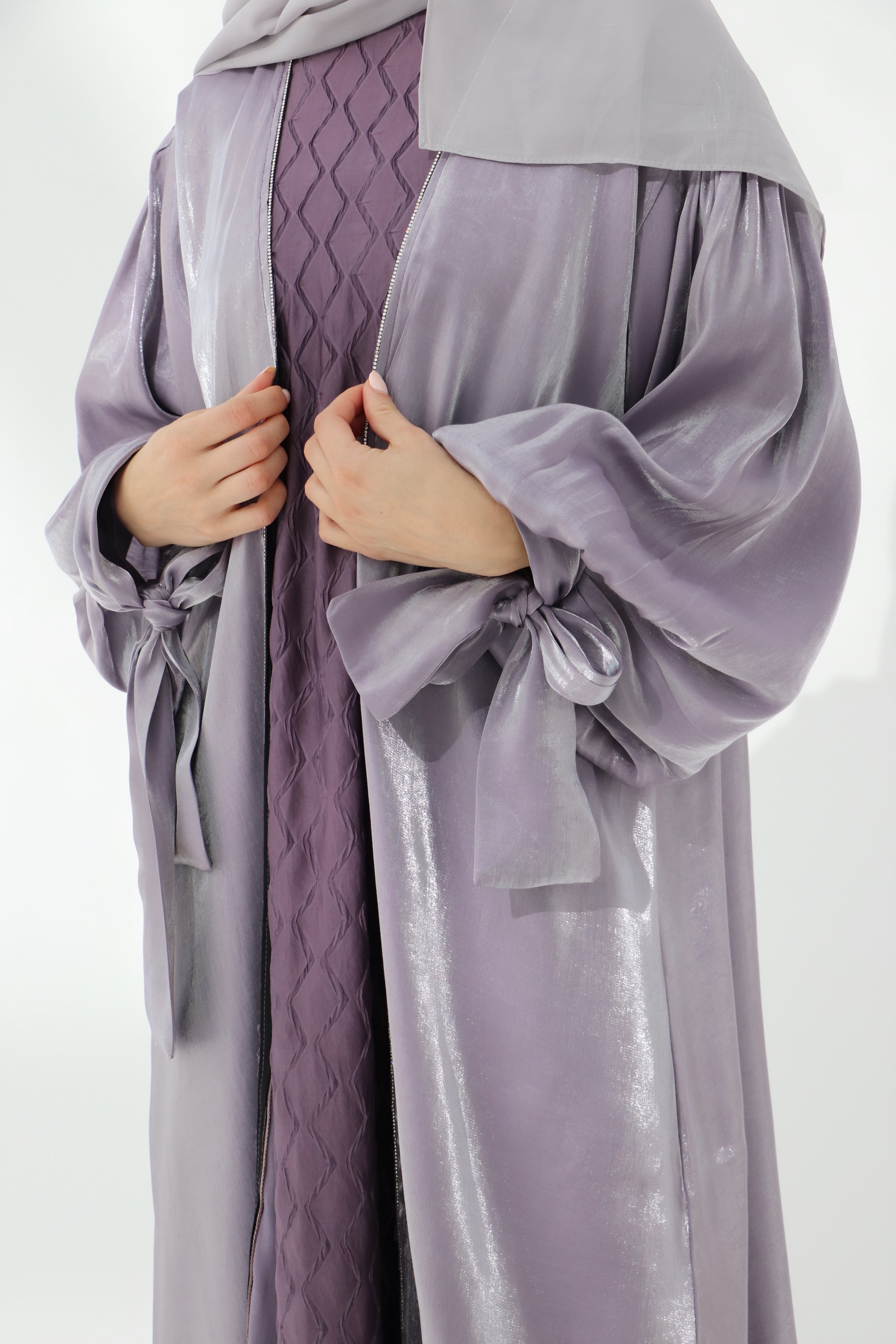 Lilac Embellished Tie Cuff Organza Abaya