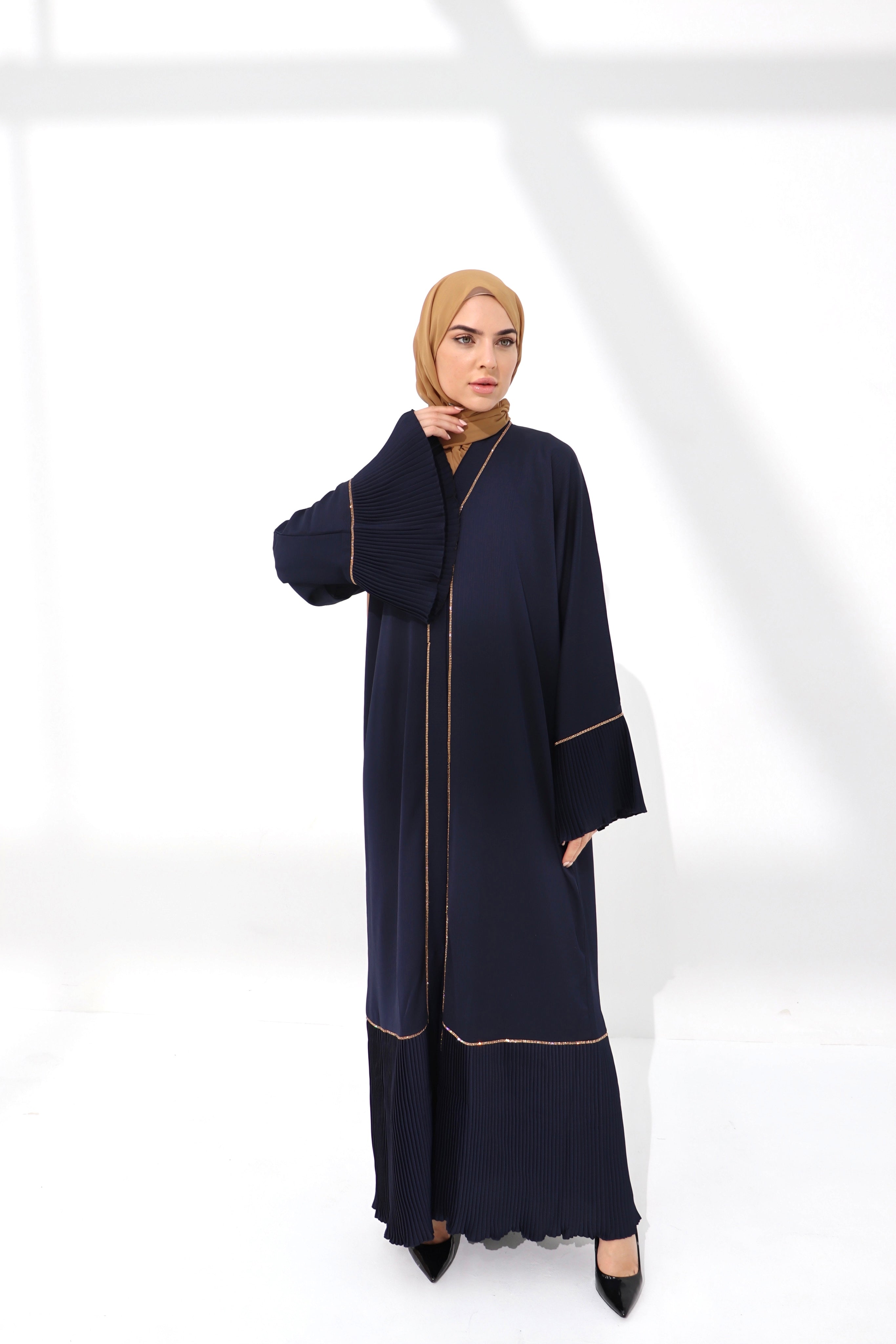 Navy Pleated Embellished Abaya