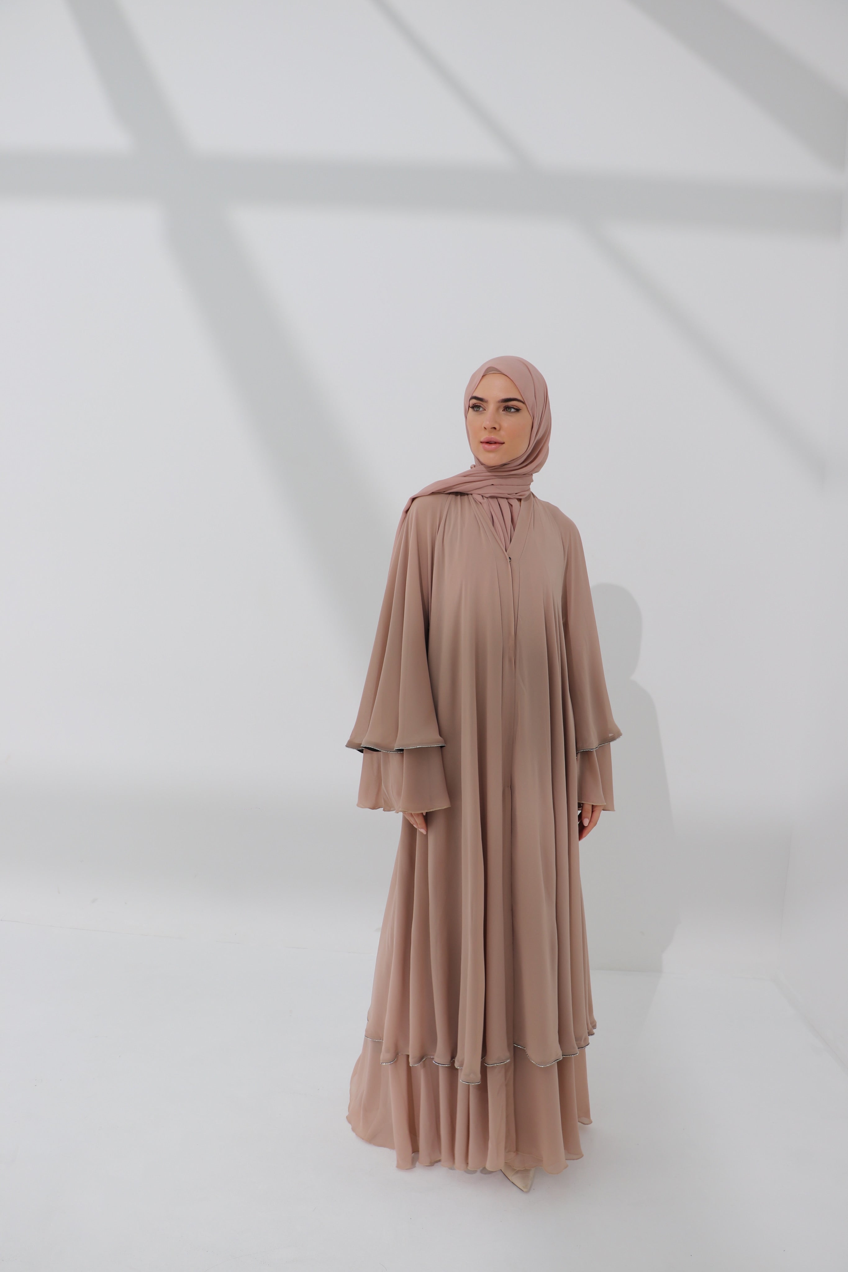 Mink Chiffon Embellished Layered Open Abaya