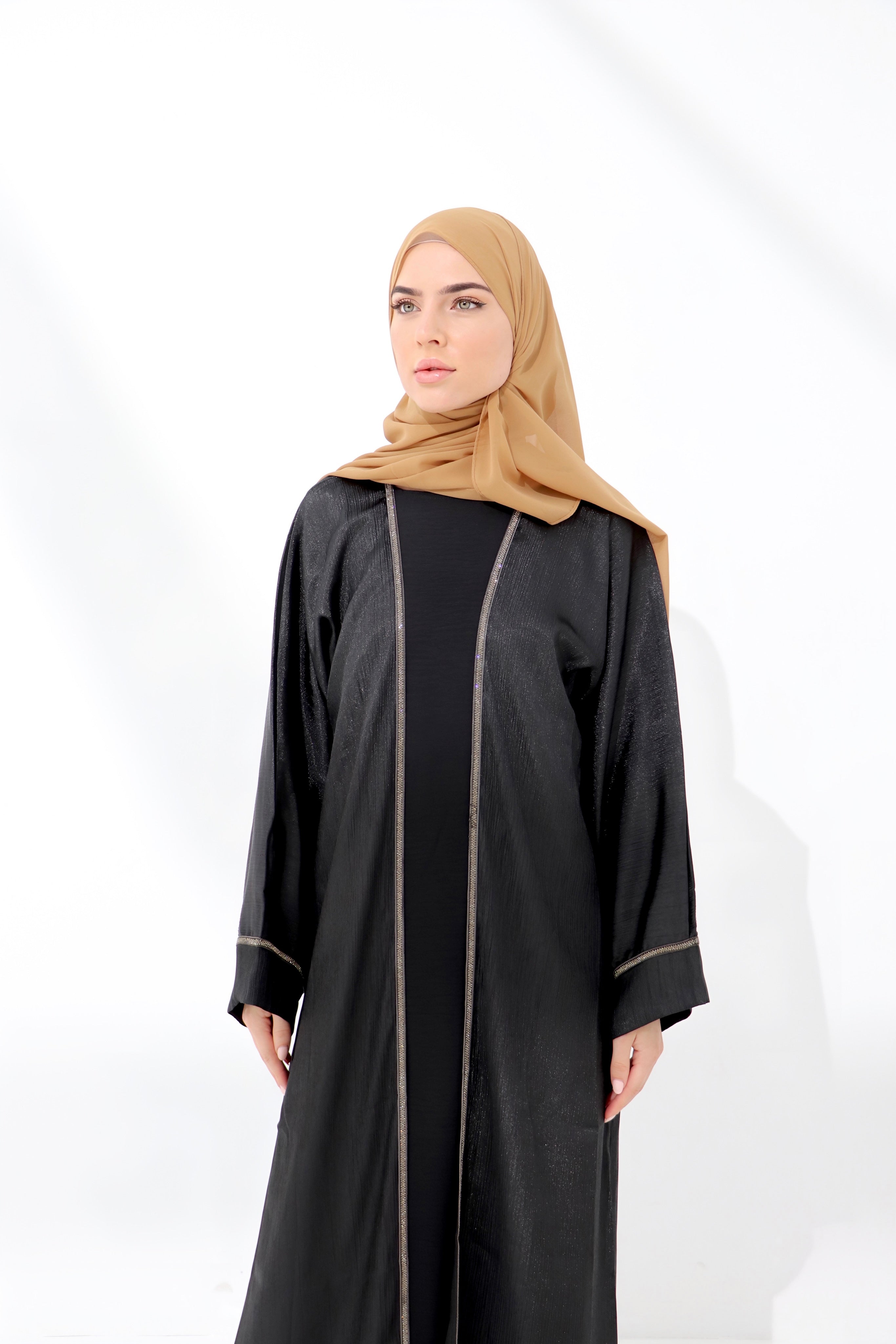 Black Shimmer Embellished Open Abaya