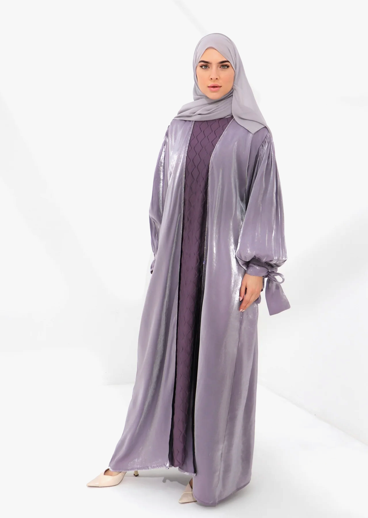 Lilac Embellished Tie Cuff Organza Abaya