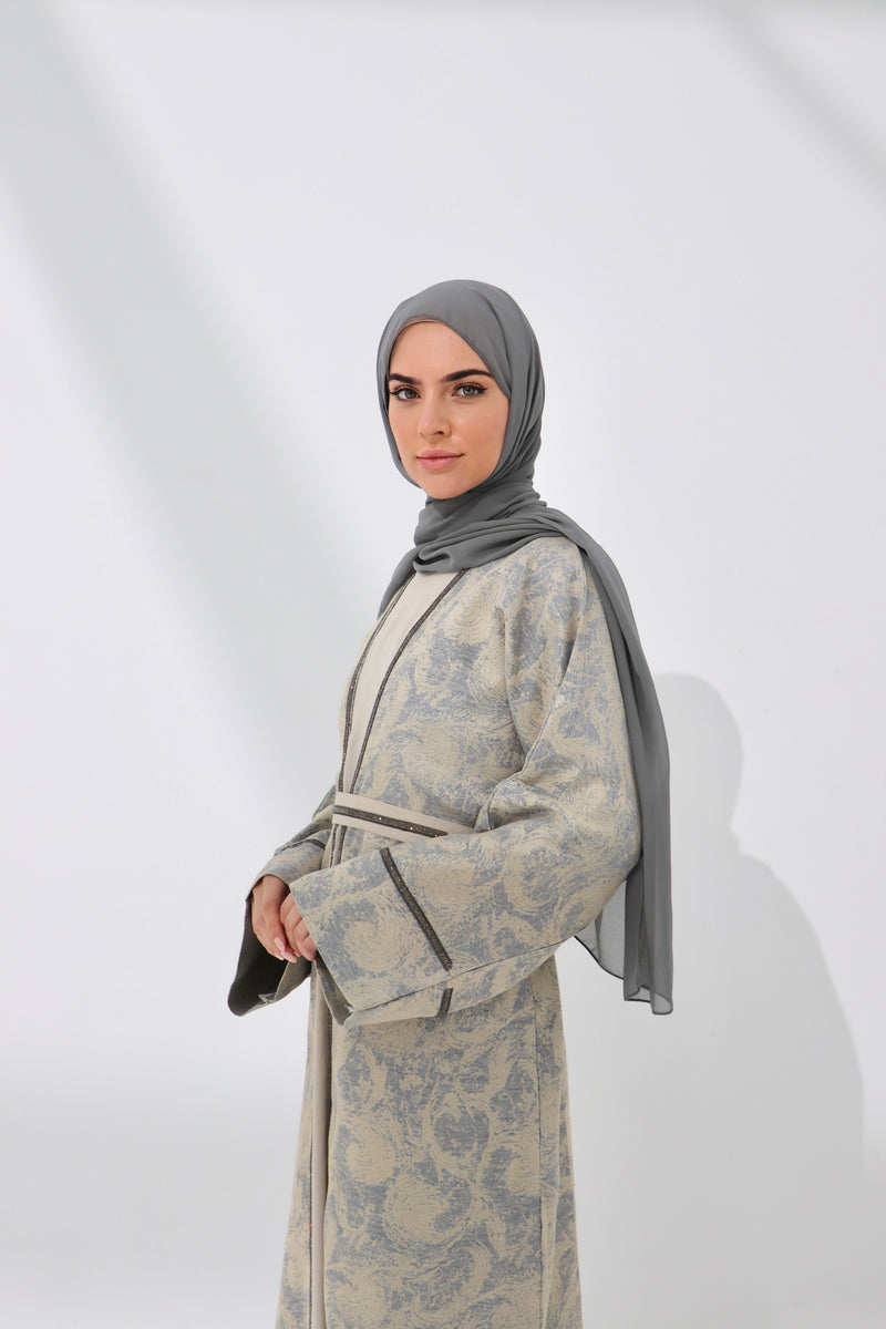Cream Jacquard Textured Abaya