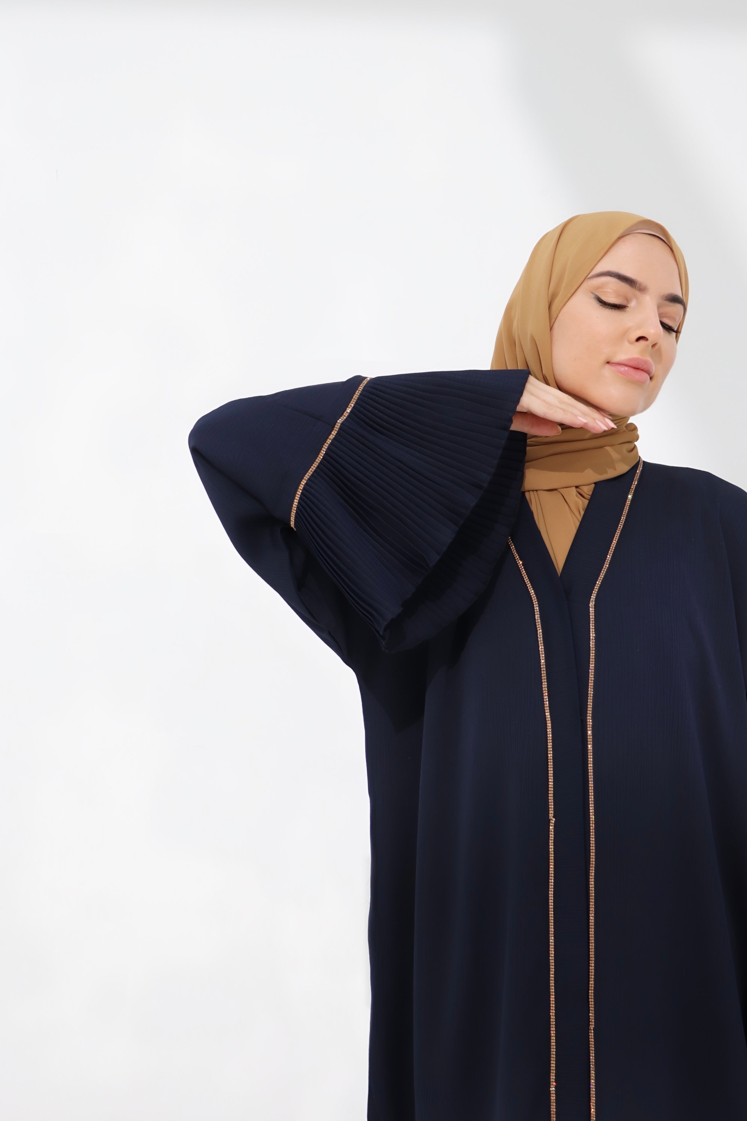 Navy Pleated Embellished Abaya