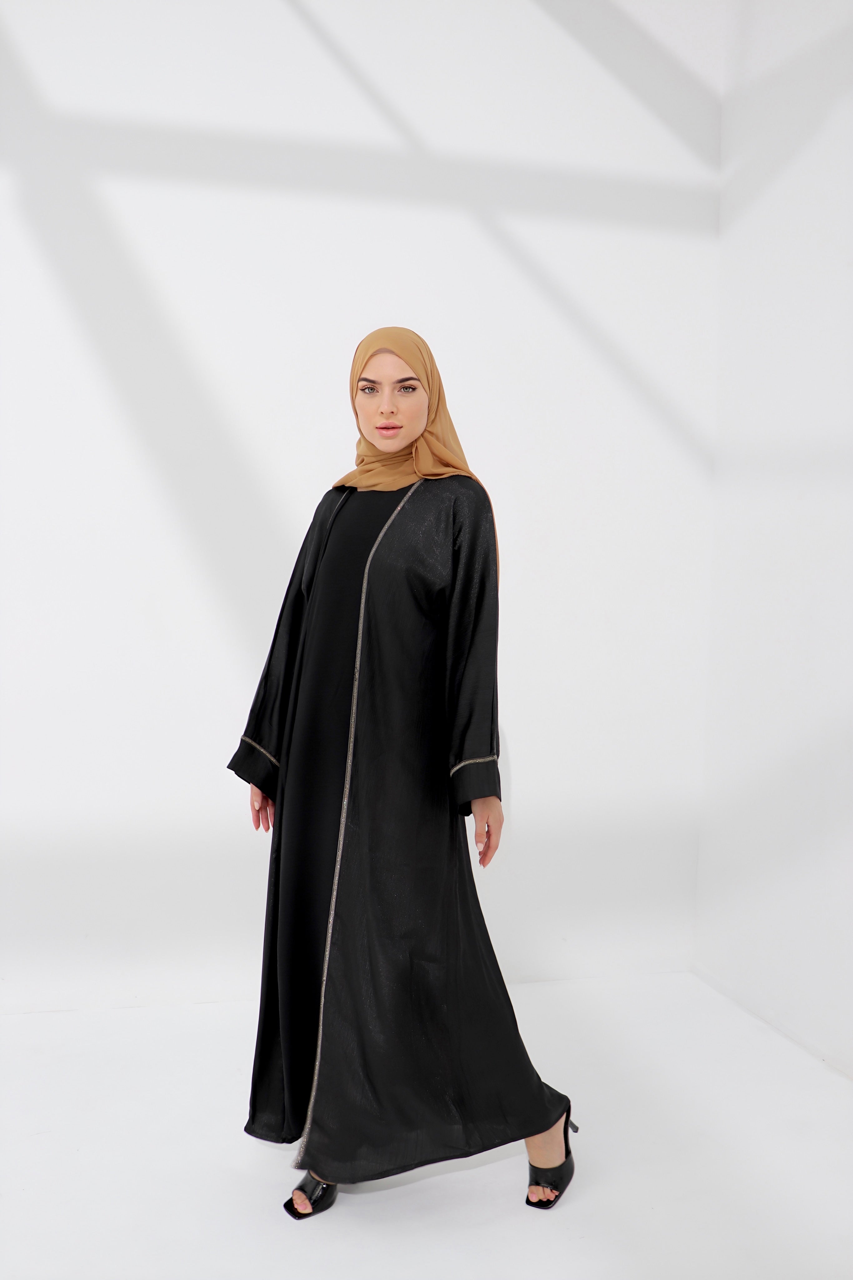 Black Shimmer Embellished Open Abaya