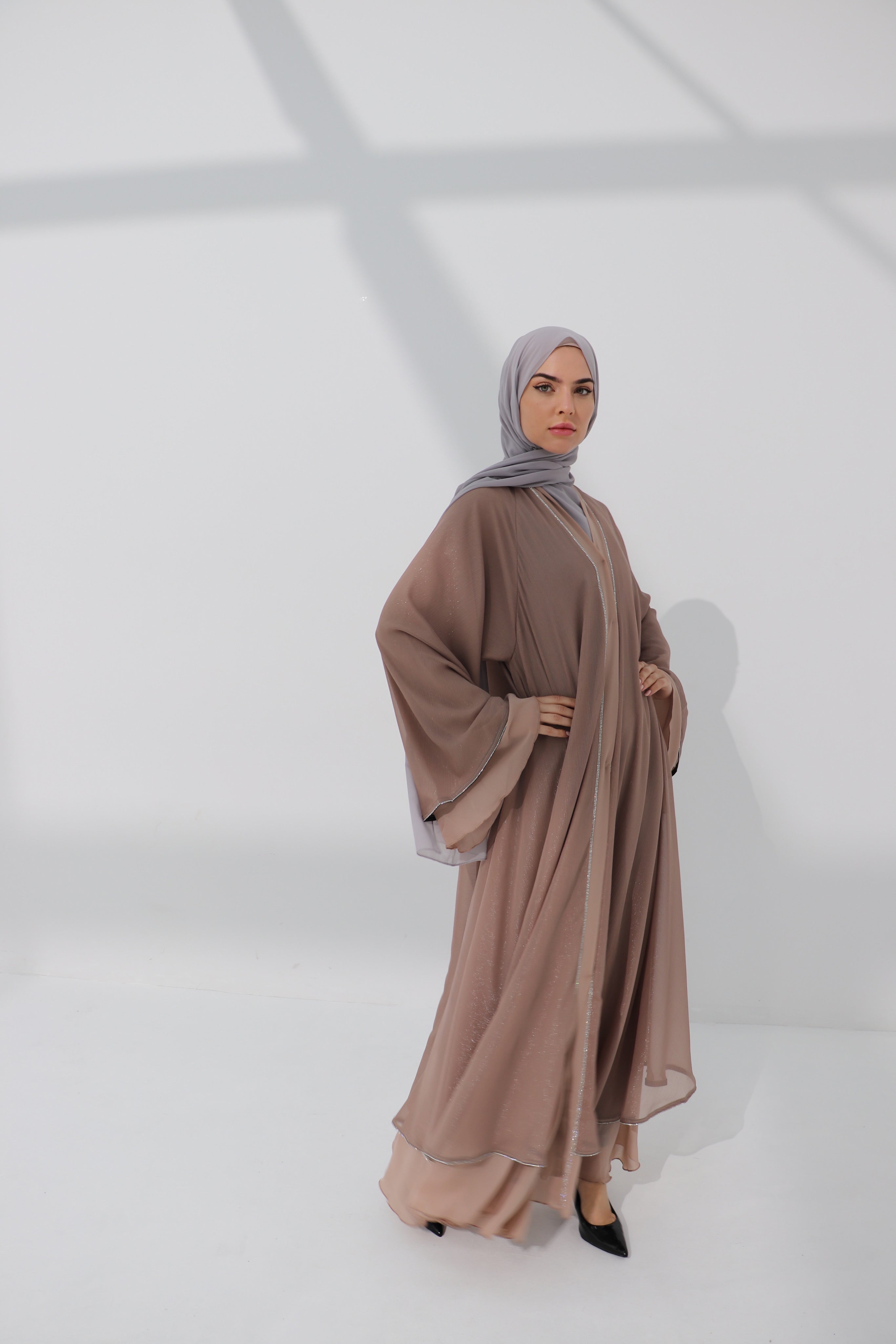 Mink Shimmer Chiffon Embellished Layered Open Abaya