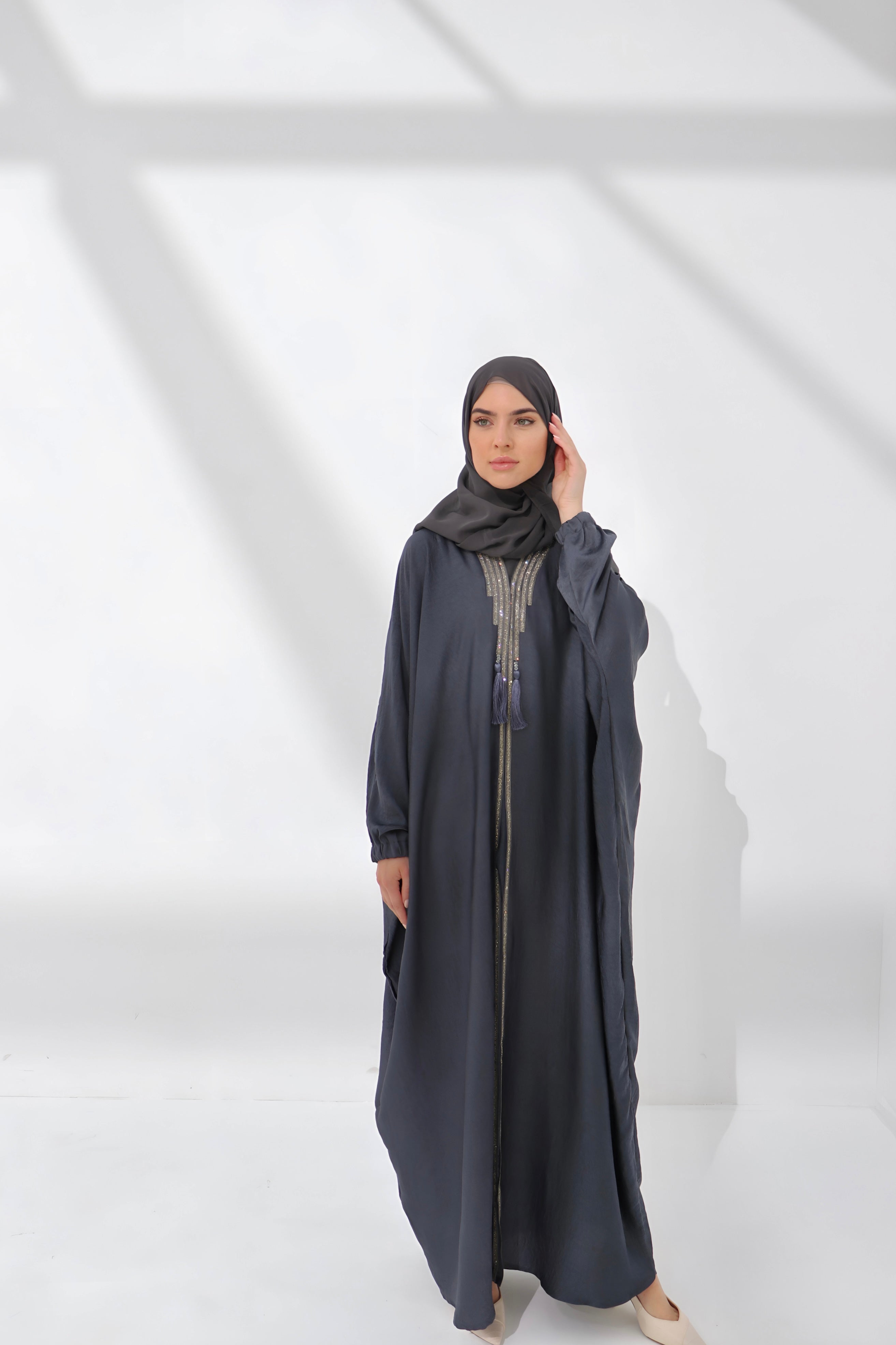 Grey Embellished Luxury Farasha Abaya