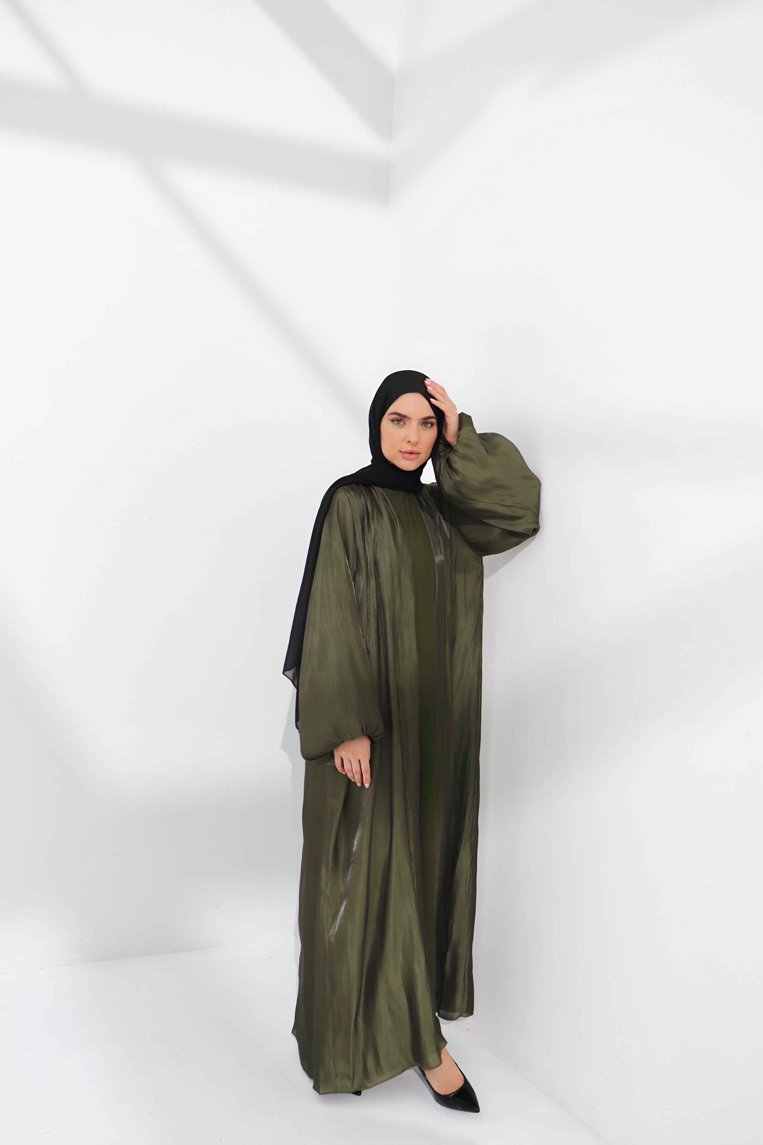 Green Balloon Sleeve Satin Abaya