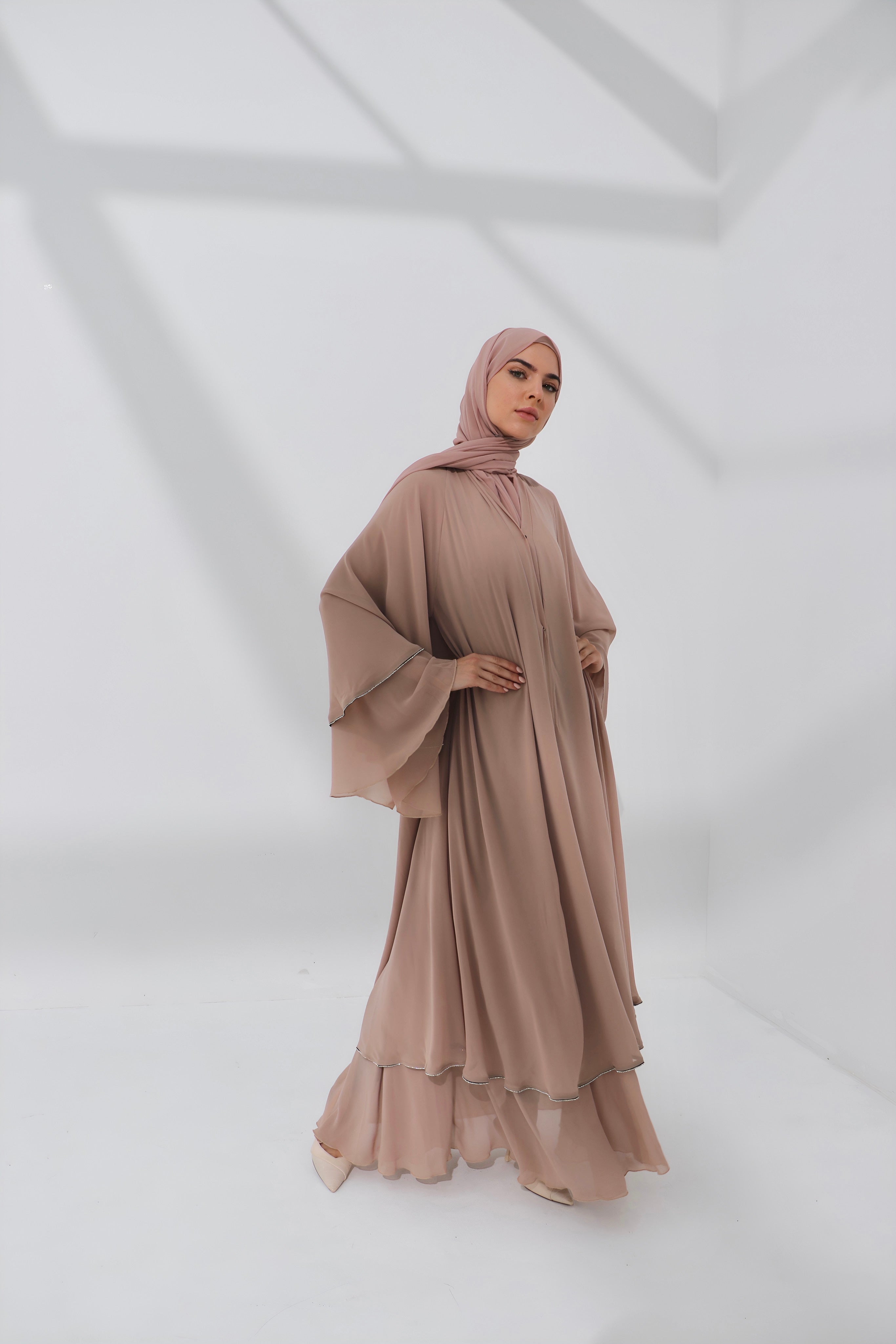 Mink Chiffon Embellished Layered Open Abaya