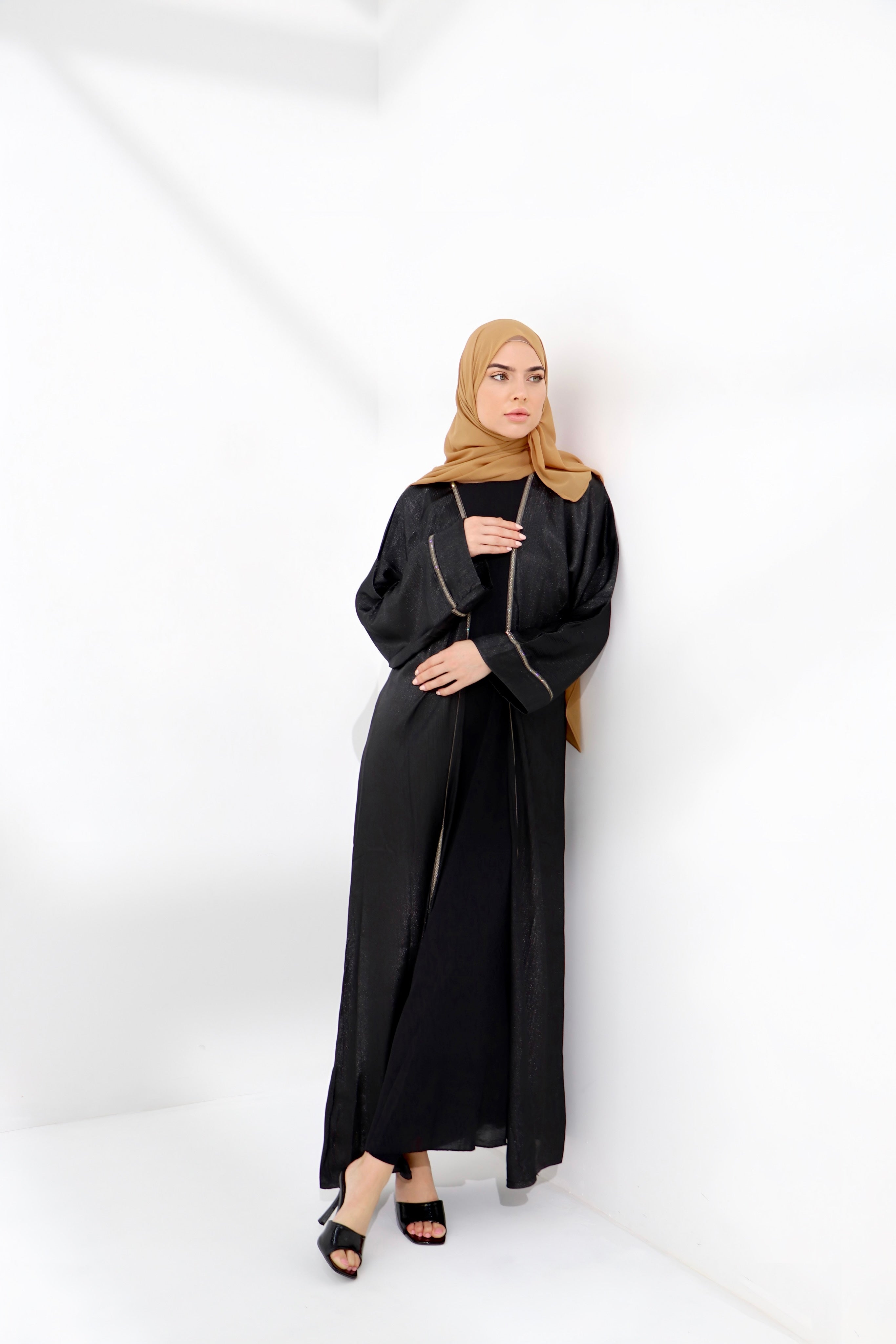 Black Shimmer Embellished Open Abaya