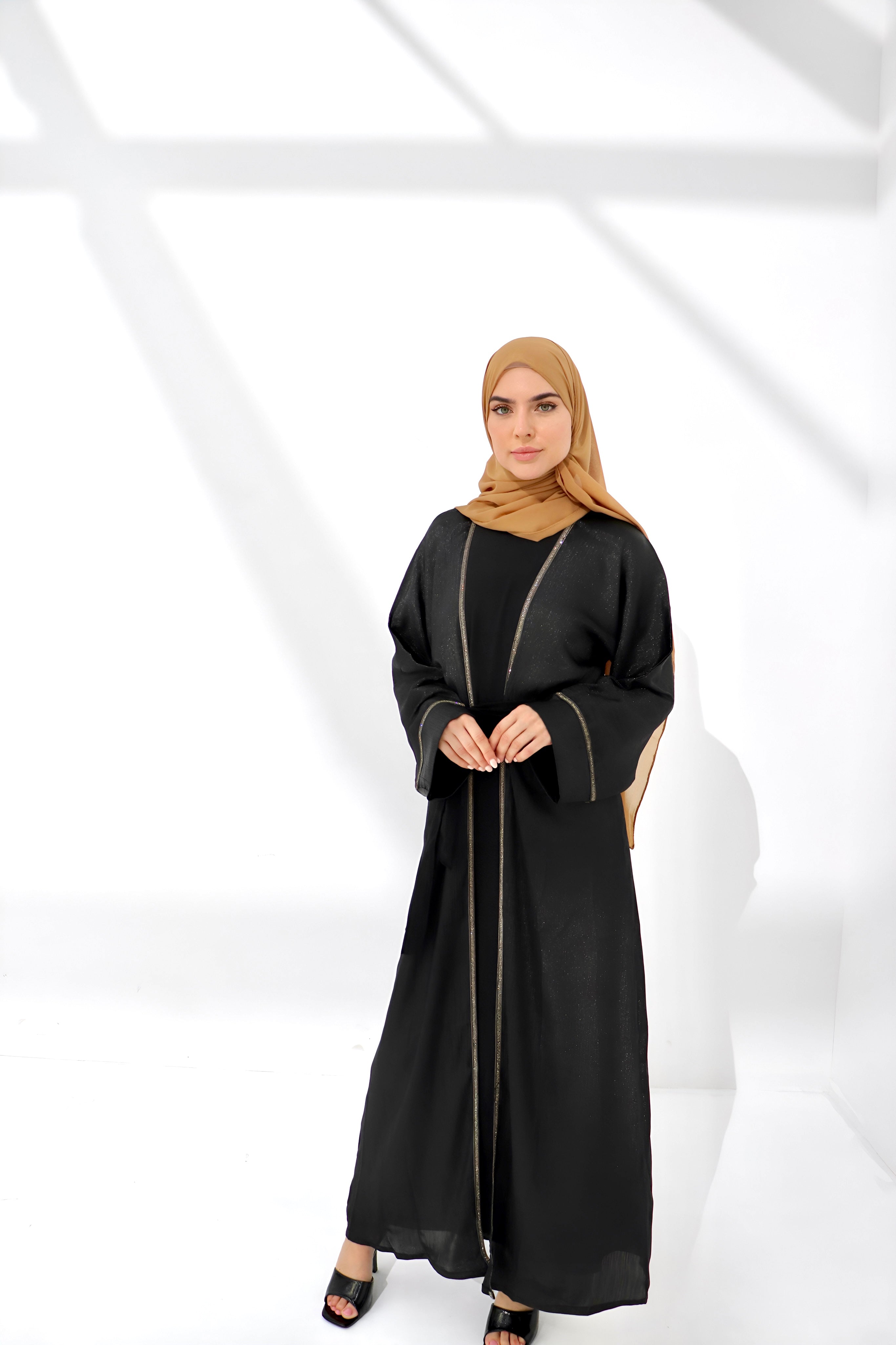 Black Shimmer Embellished Open Abaya