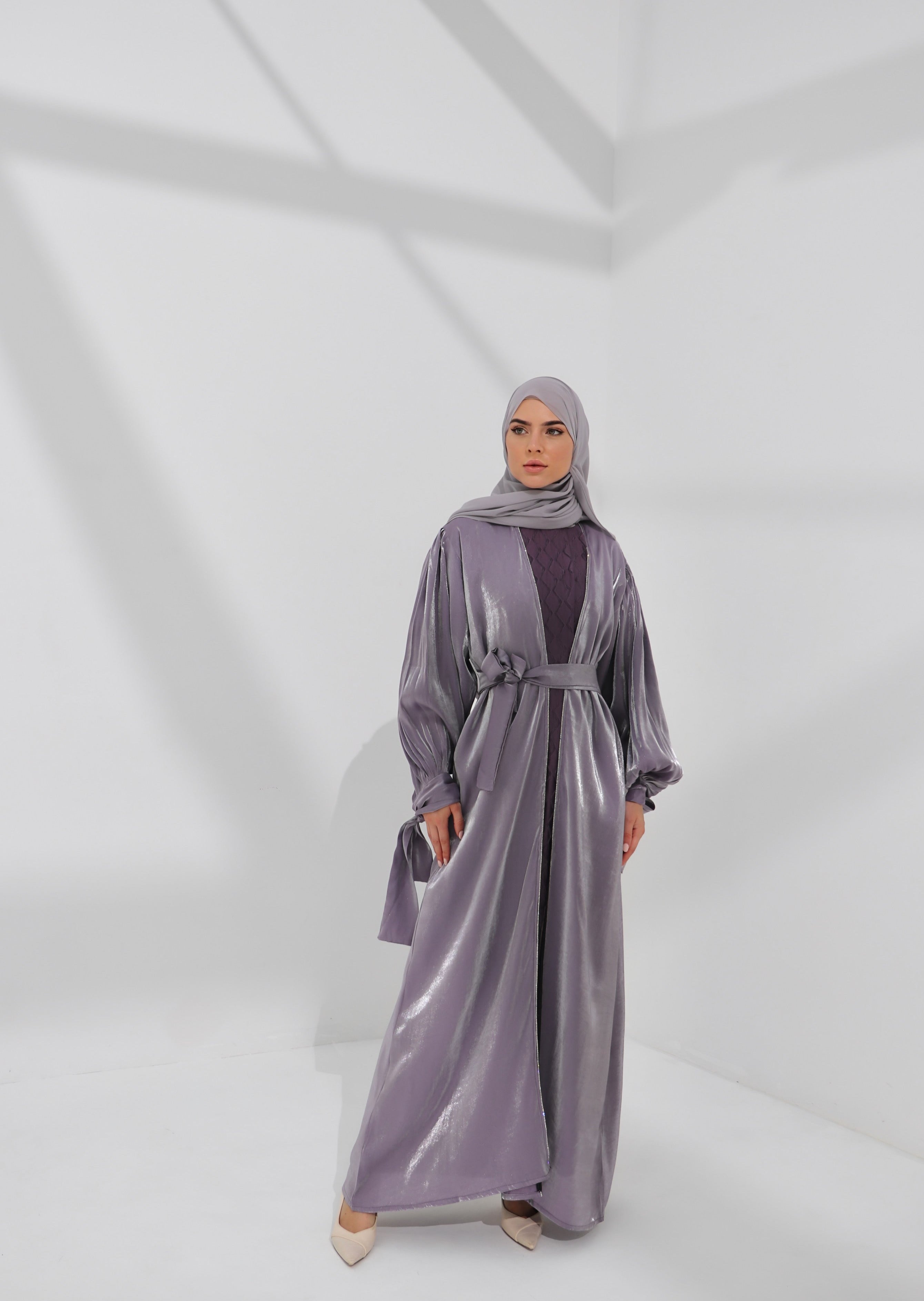 Lilac Embellished Tie Cuff Organza Abaya