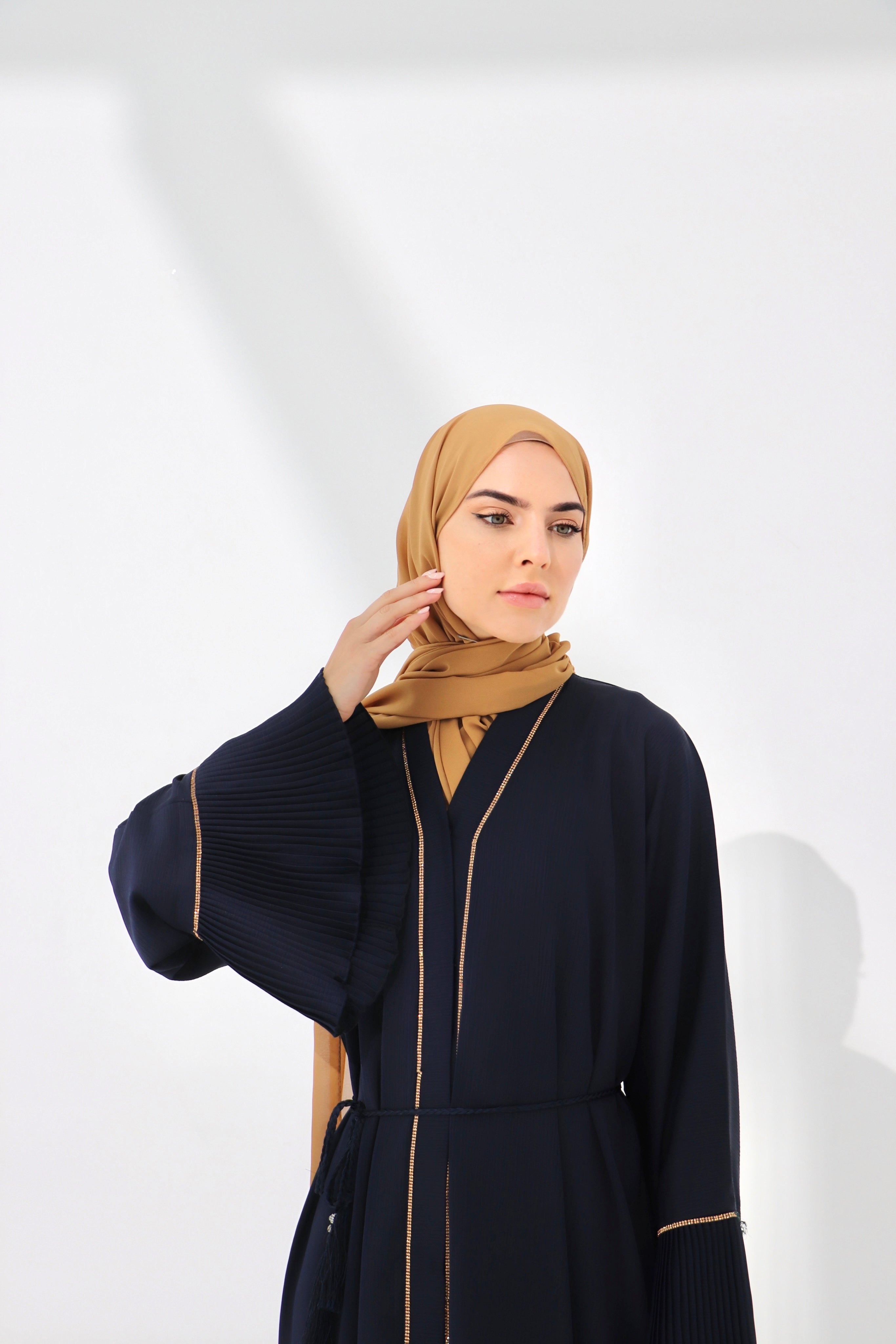 Navy Pleated Embellished Abaya