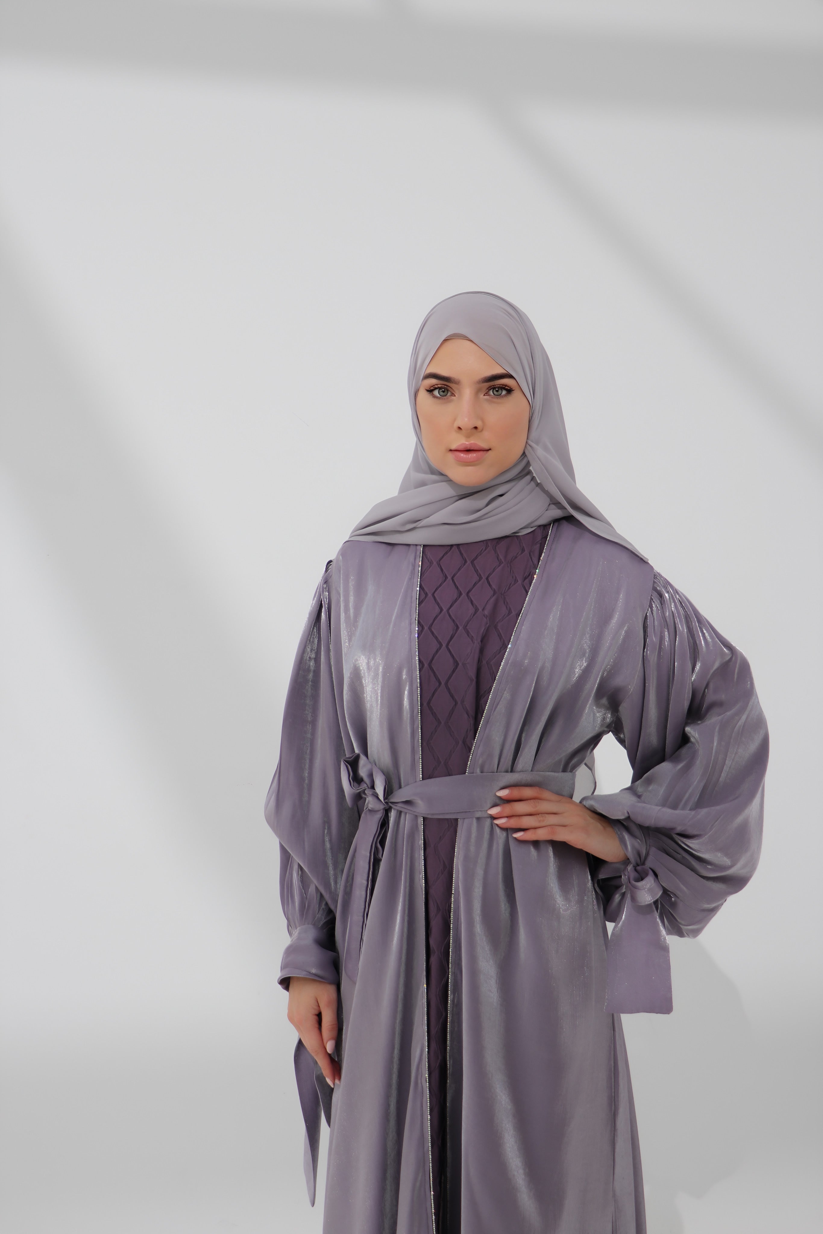 Lilac Embellished Tie Cuff Organza Abaya