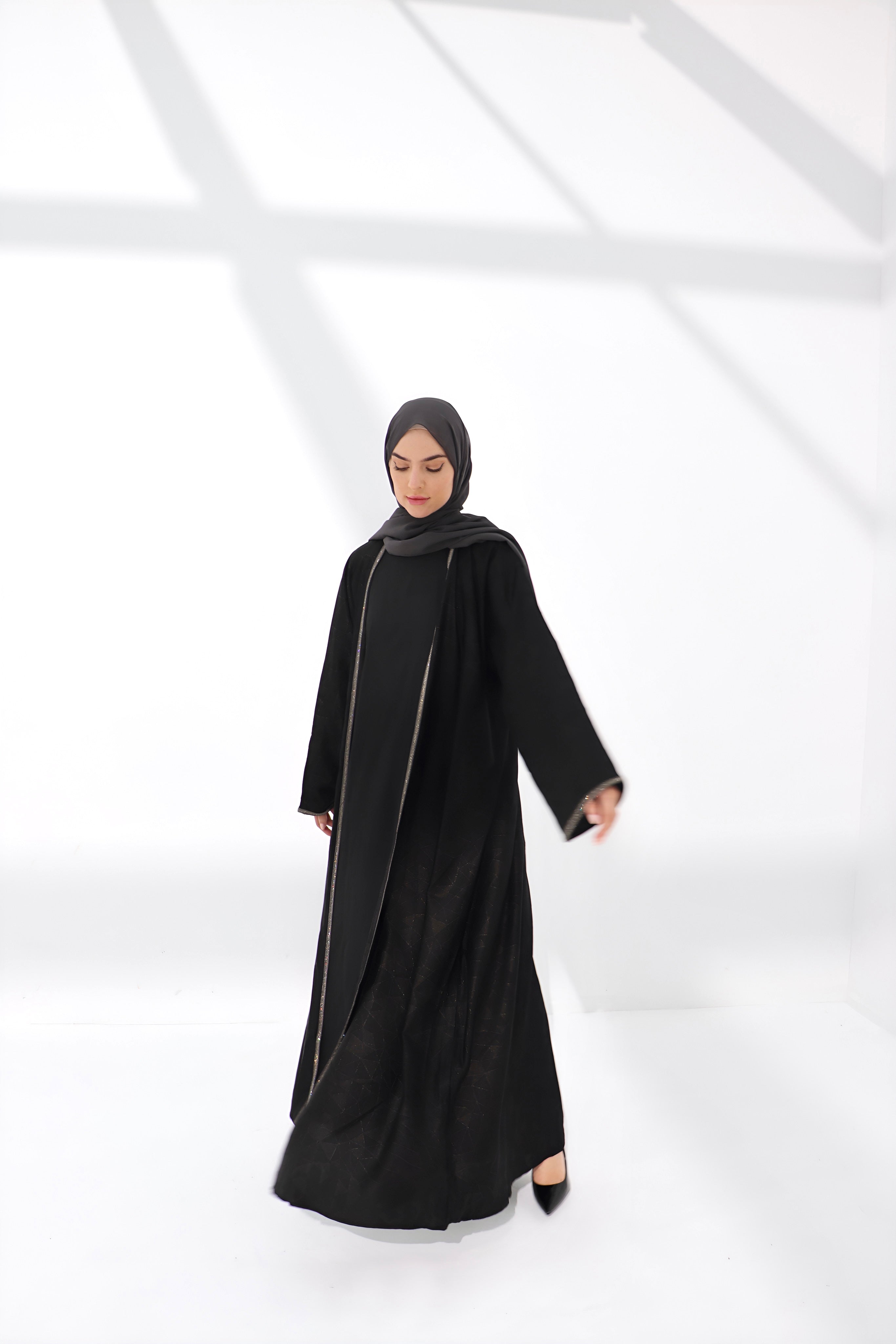 Black Jacquard Geometry Open Abaya