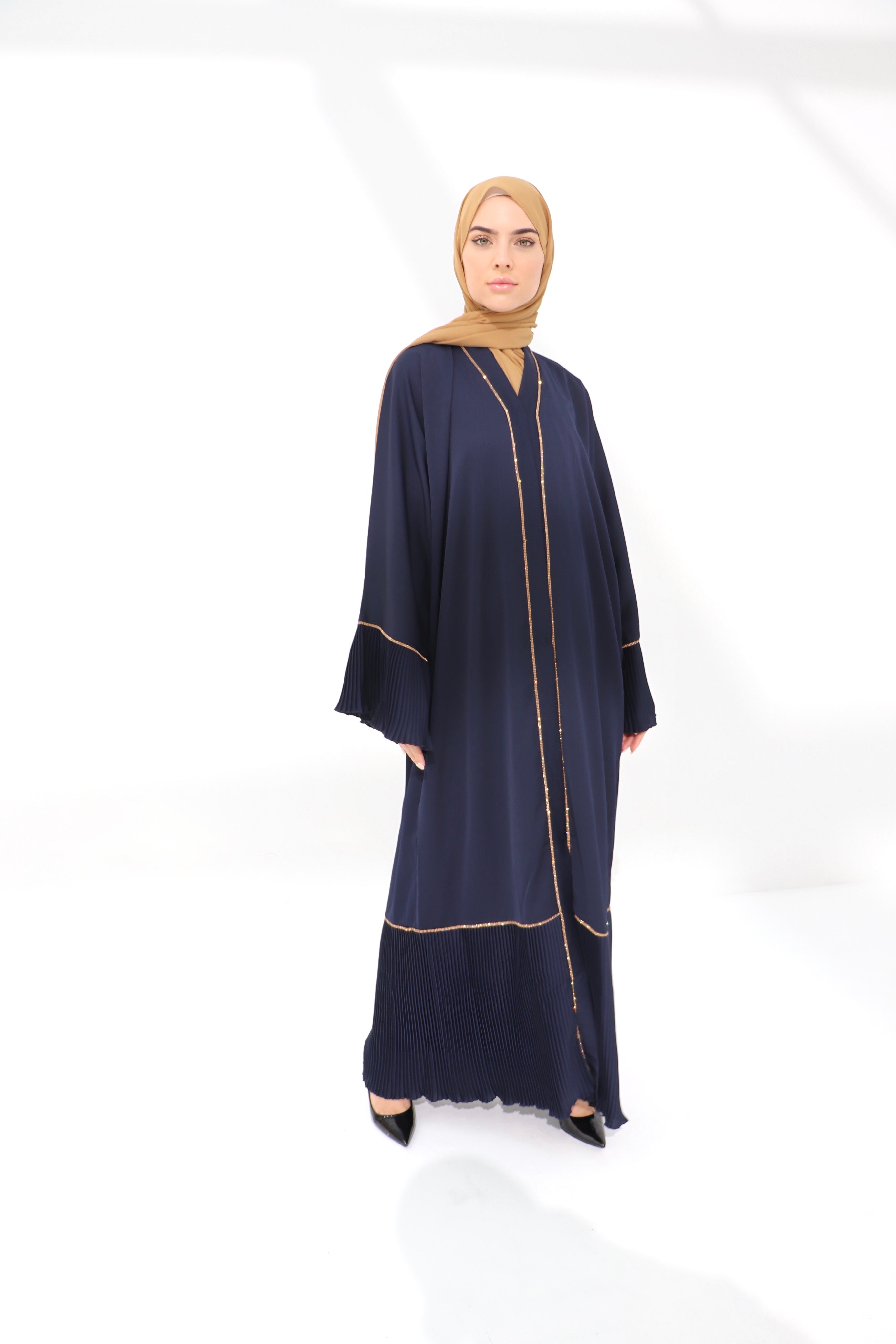 Navy Pleated Embellished Abaya