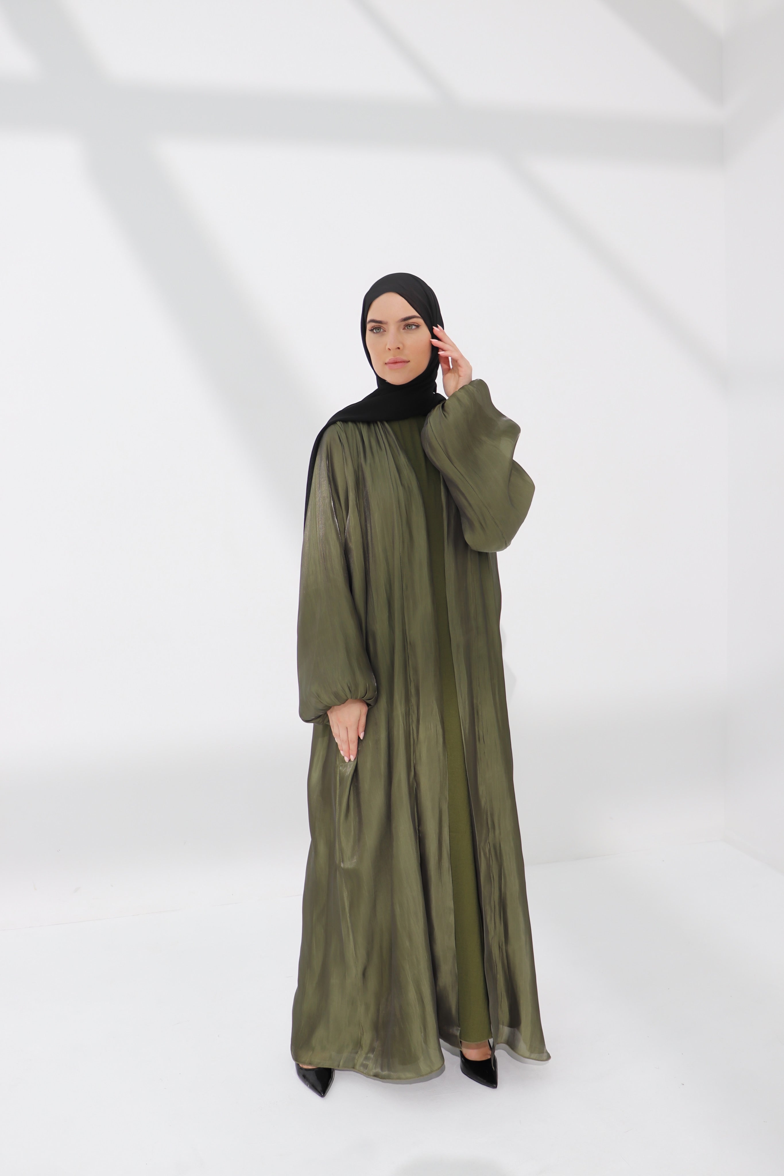 Green Balloon Sleeve Satin Abaya