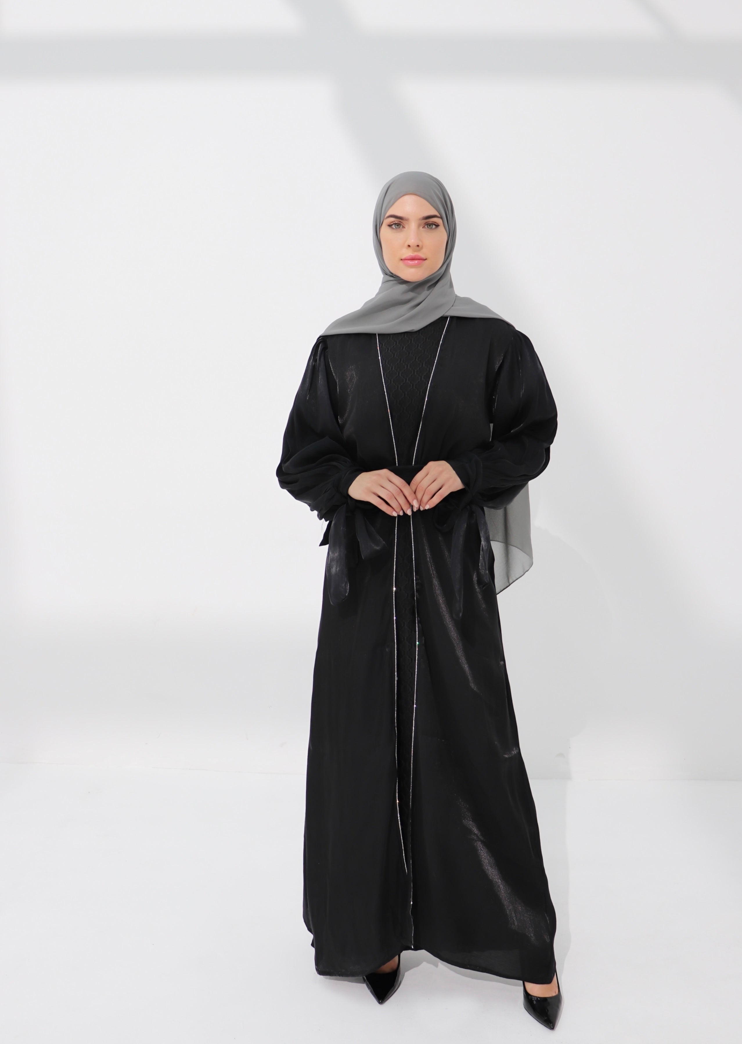 Black Embellished Tie Cuff Organza Abaya