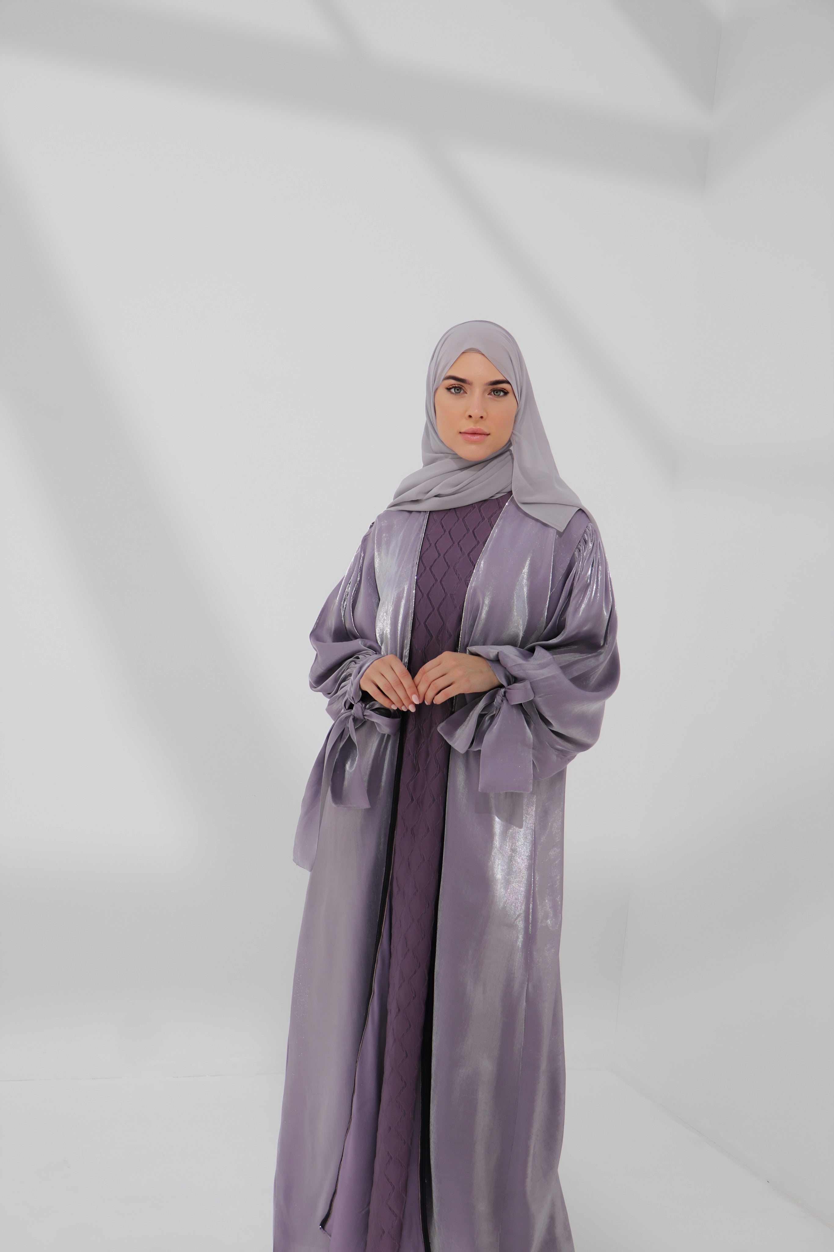 Lilac Embellished Tie Cuff Organza Abaya