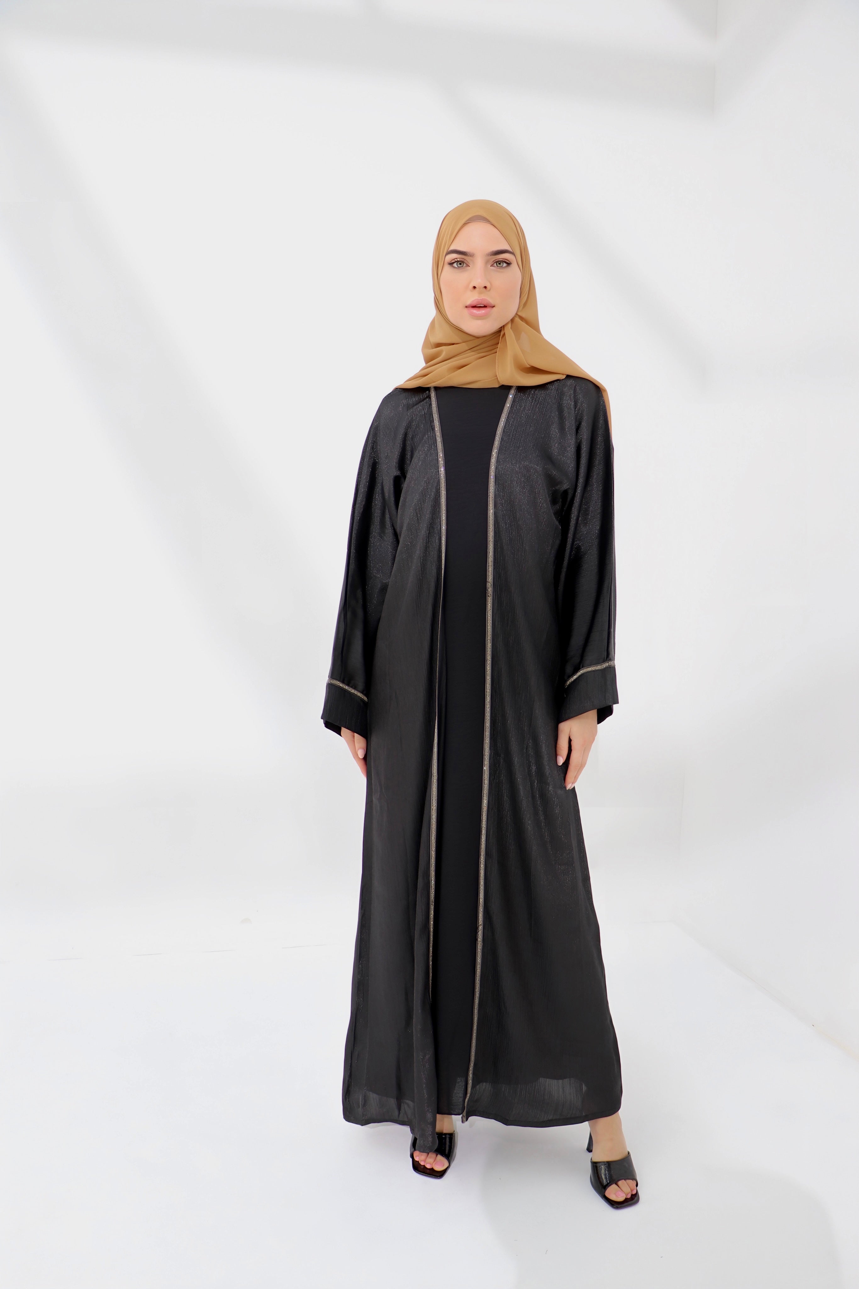 Black Shimmer Embellished Open Abaya