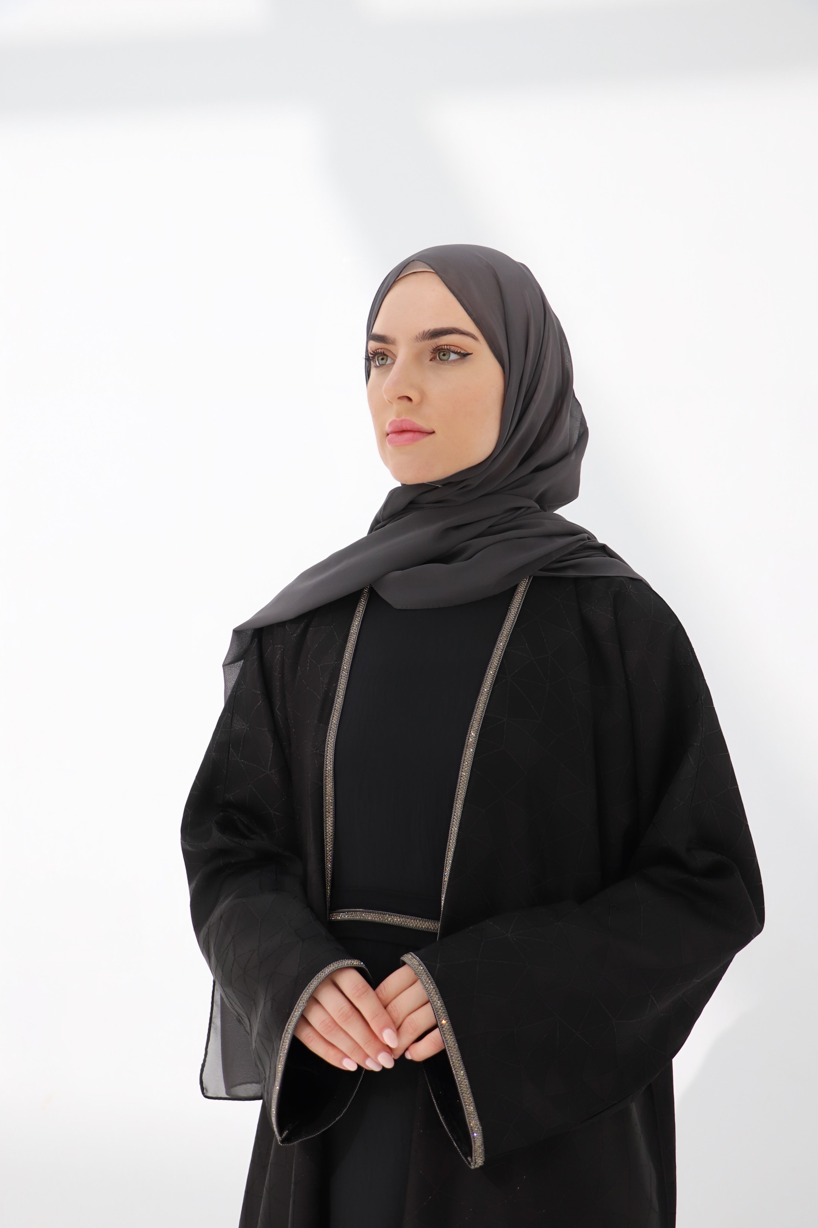 Black Jacquard Geometry Open Abaya