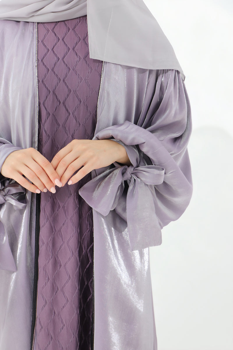 Lilac Embellished Tie Cuff Organza Abaya