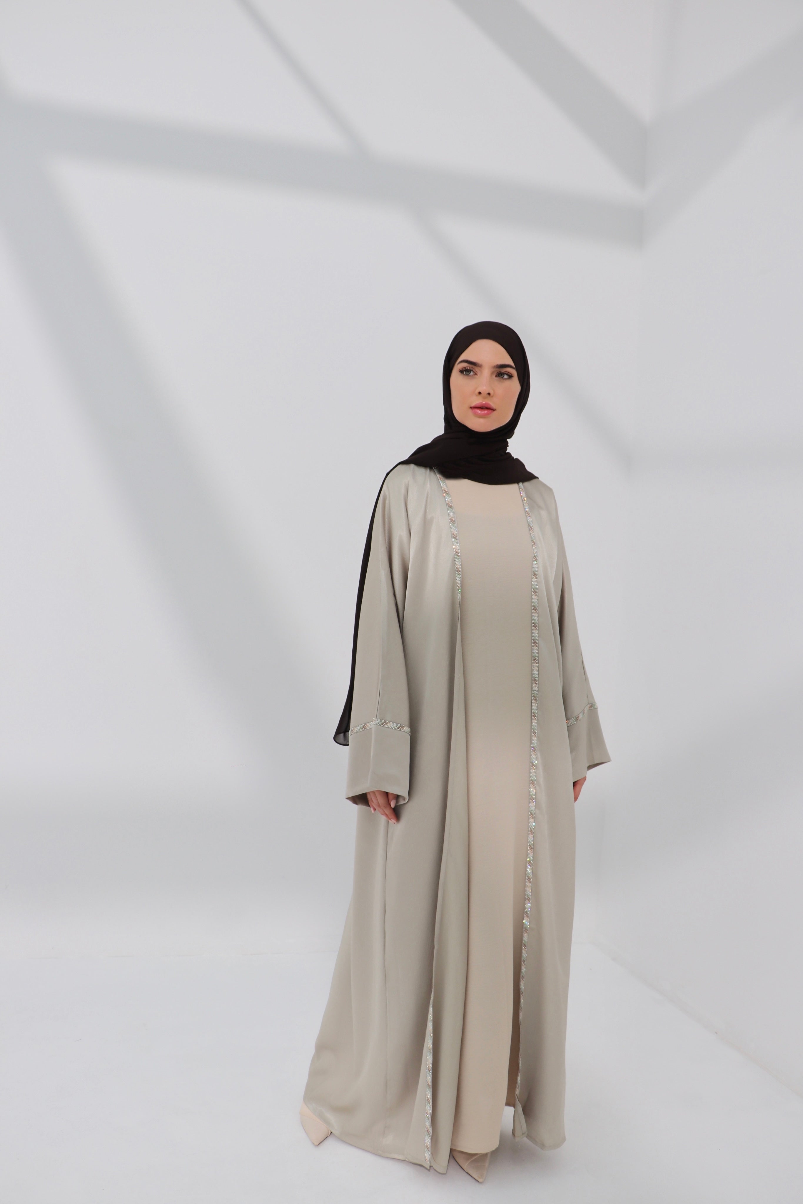 Beige Embellished Open Abaya