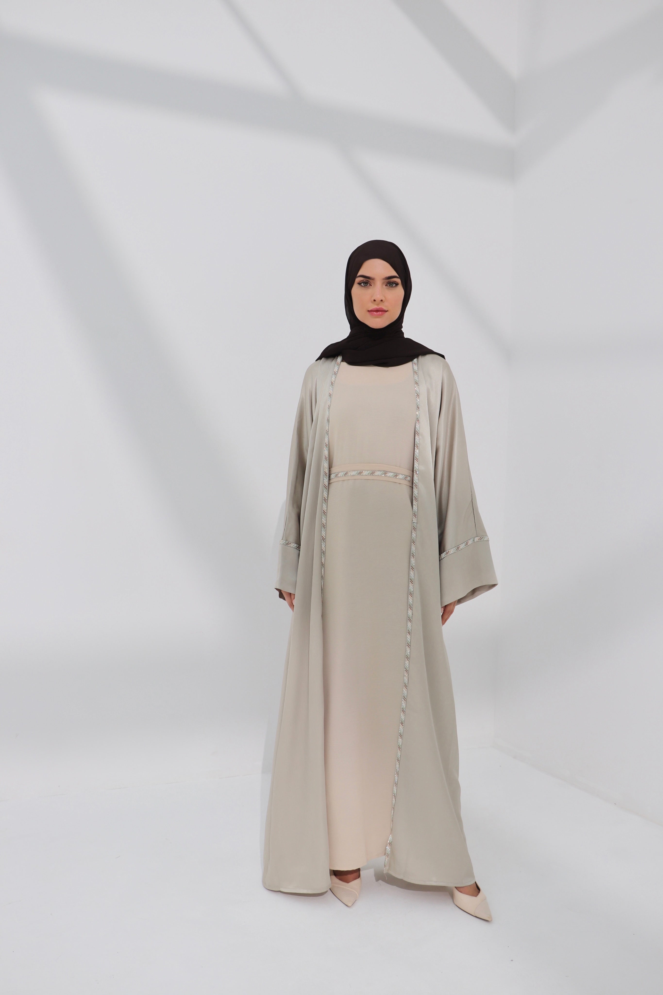 Beige Embellished Open Abaya