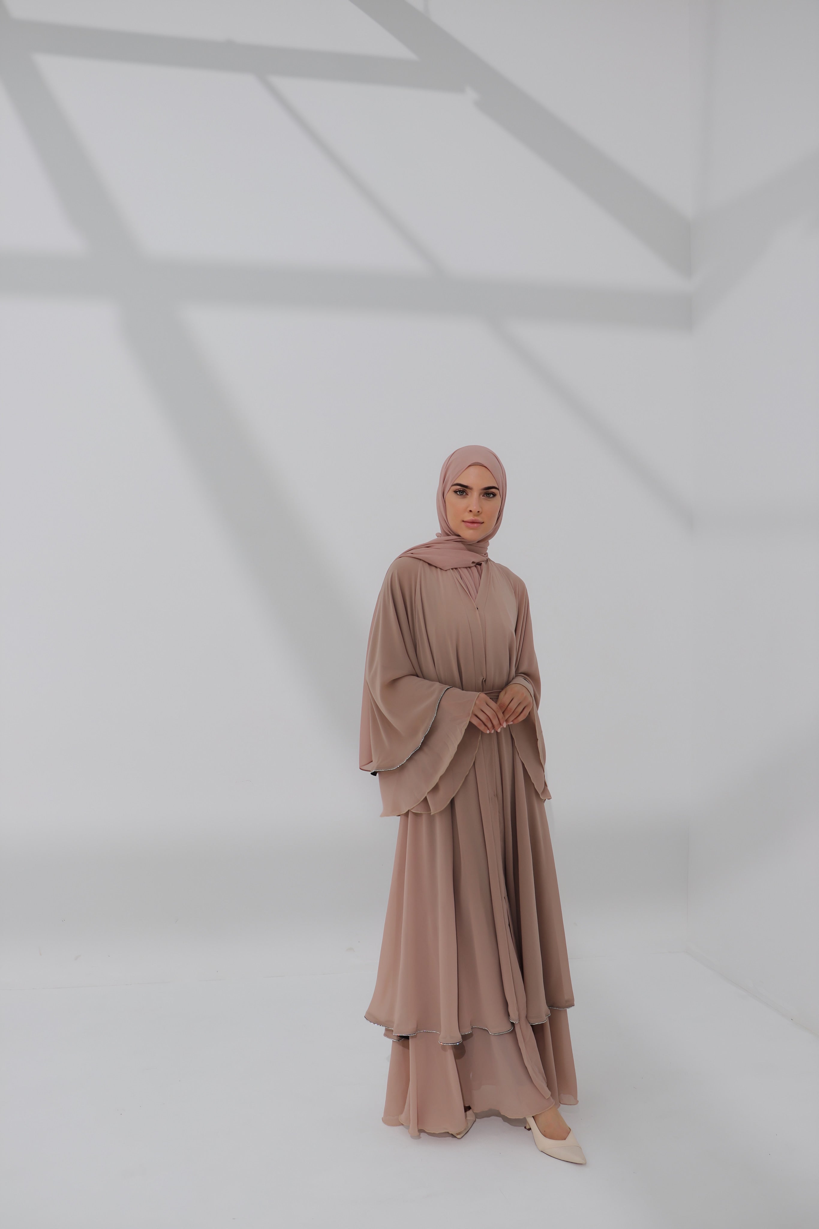 Mink Chiffon Embellished Layered Open Abaya