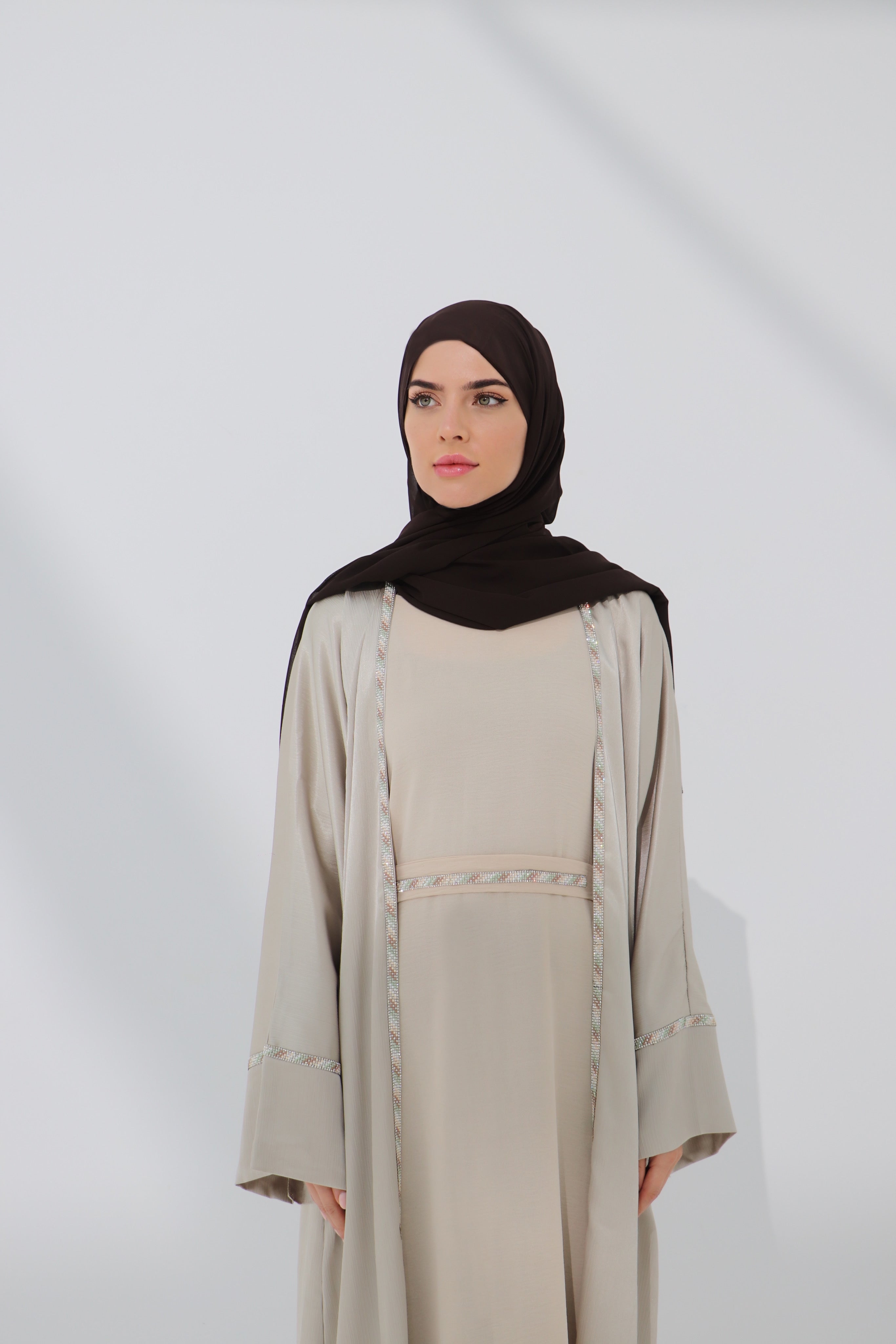 Beige Embellished Open Abaya